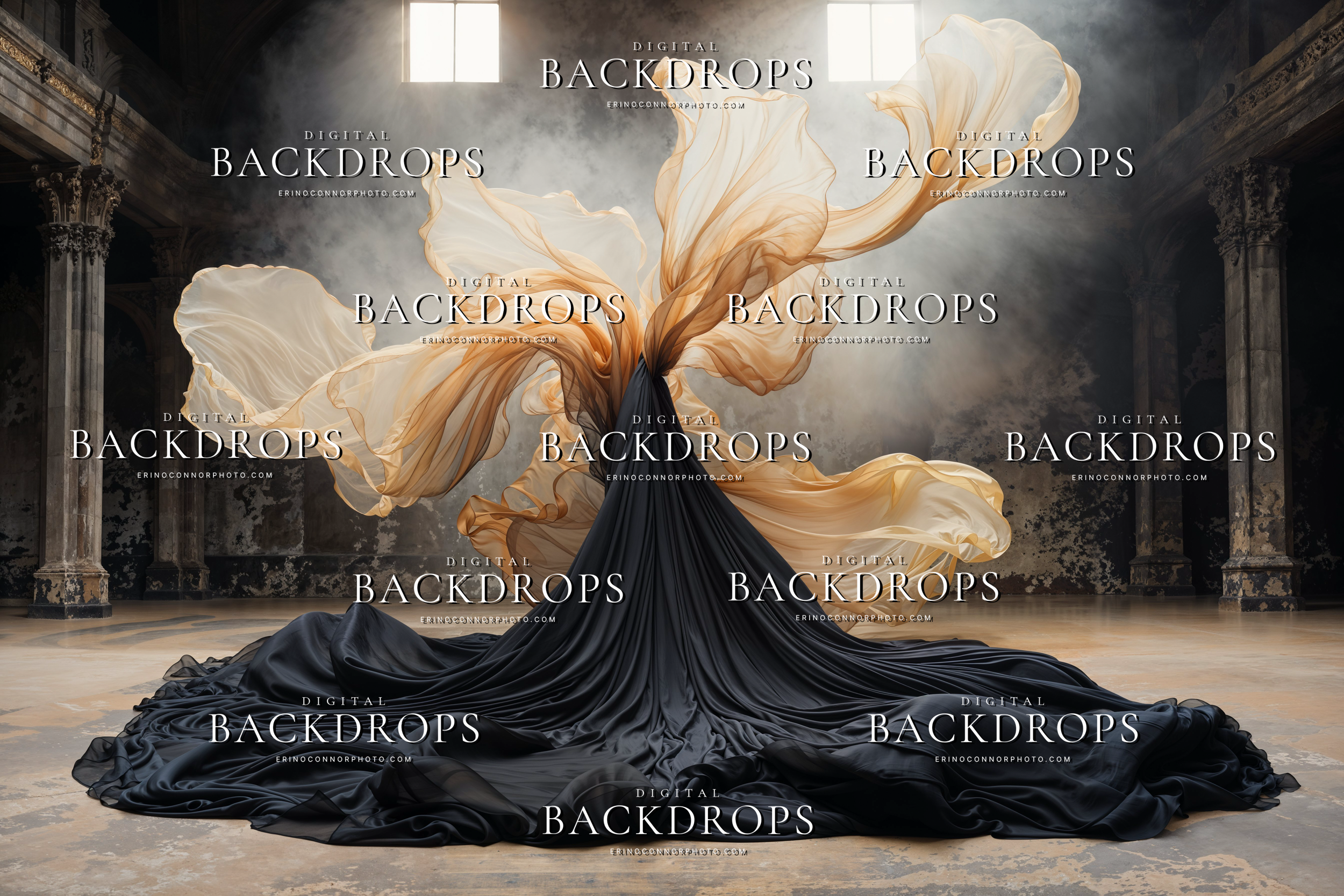 Black and warm champagne chiffon digital background with swirling translucent fabric in a dramatic vintage hall for editorial and fantasy photography composites.