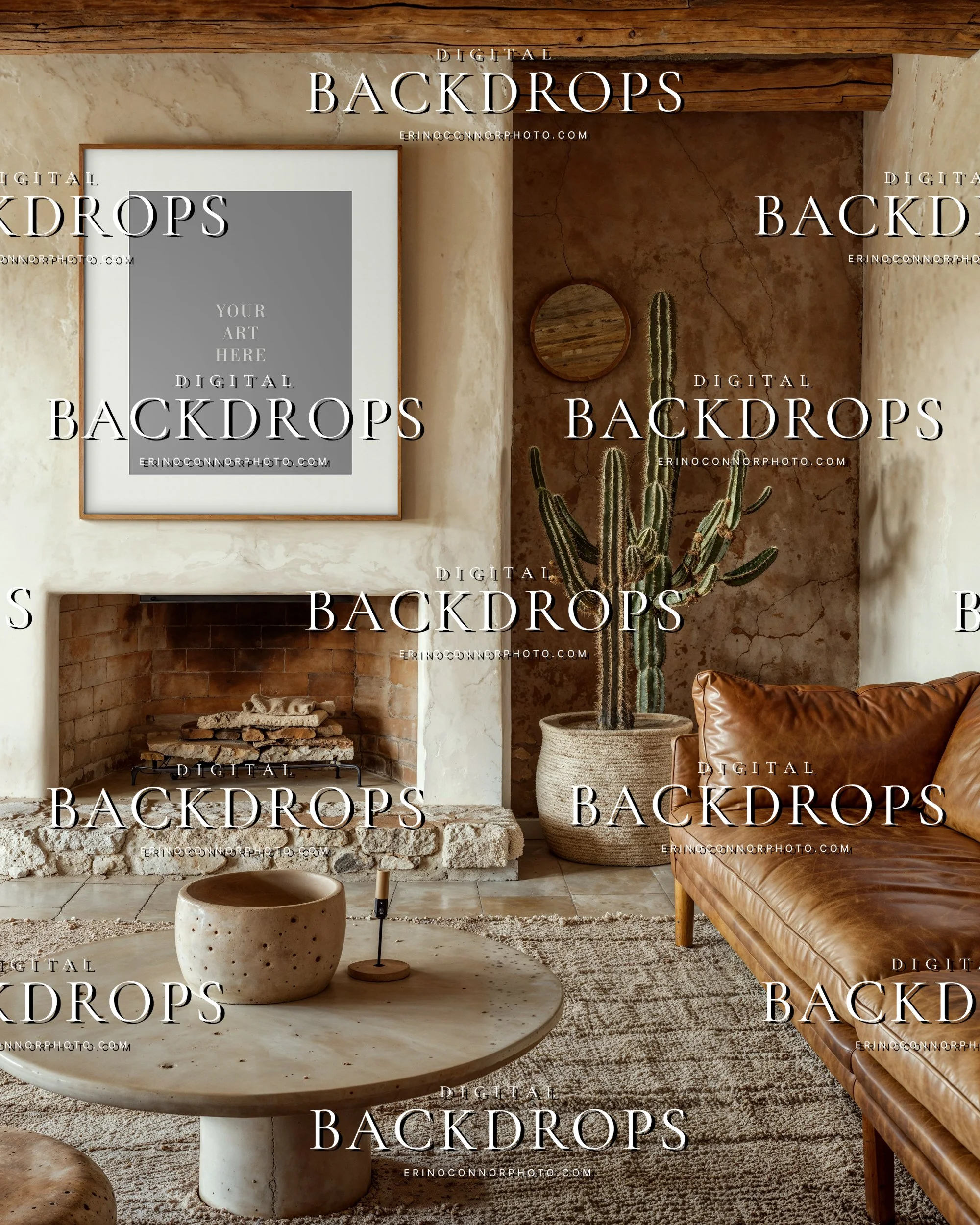 Empty vertical wall art mockup in a Southwestern Modern living room with adobe fireplace, plaster walls, cactus plant, weathered wood beams, and warm neutral styling