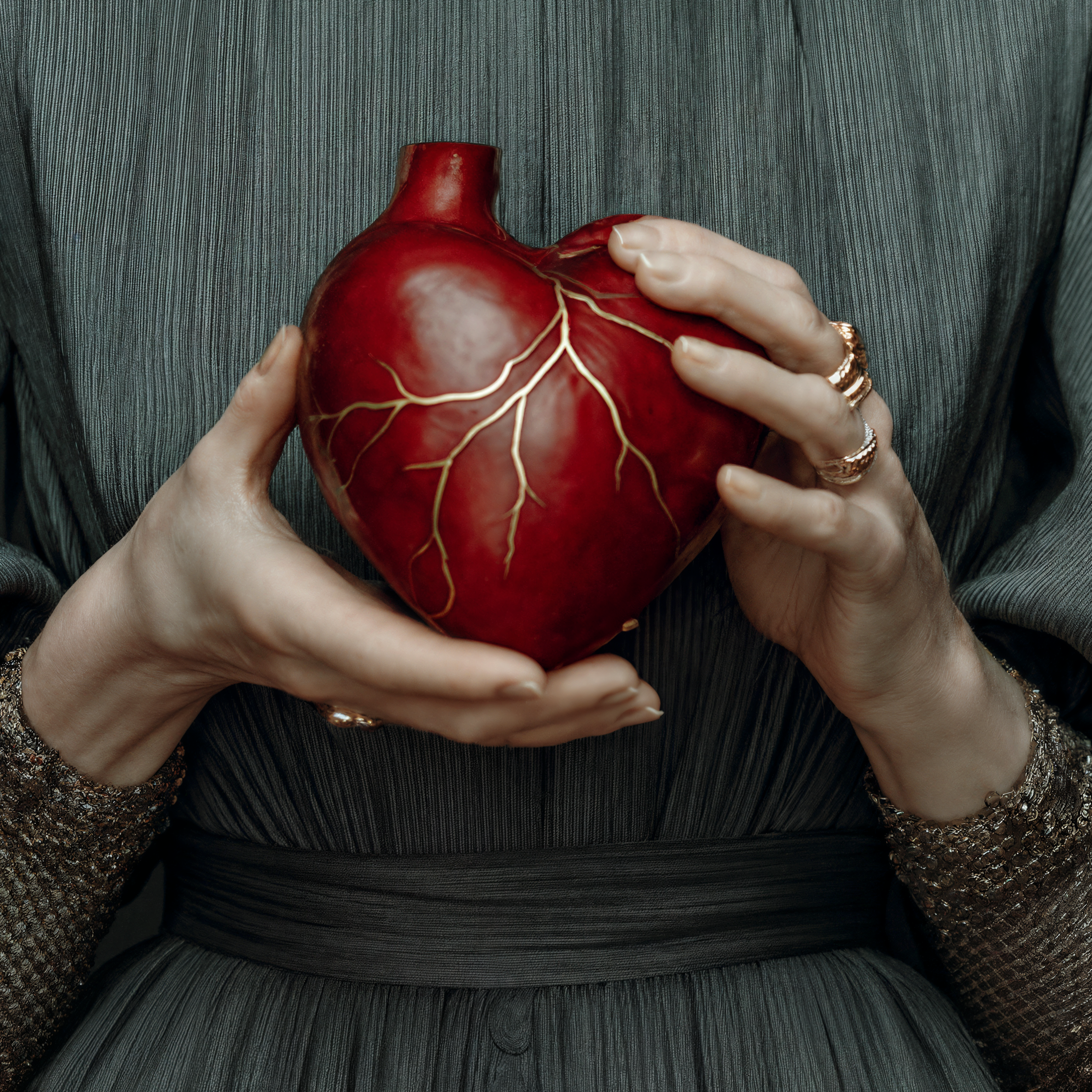 Close detail of Cinder's hands supporting the repaired red heart against her charcoal gray clothing.
