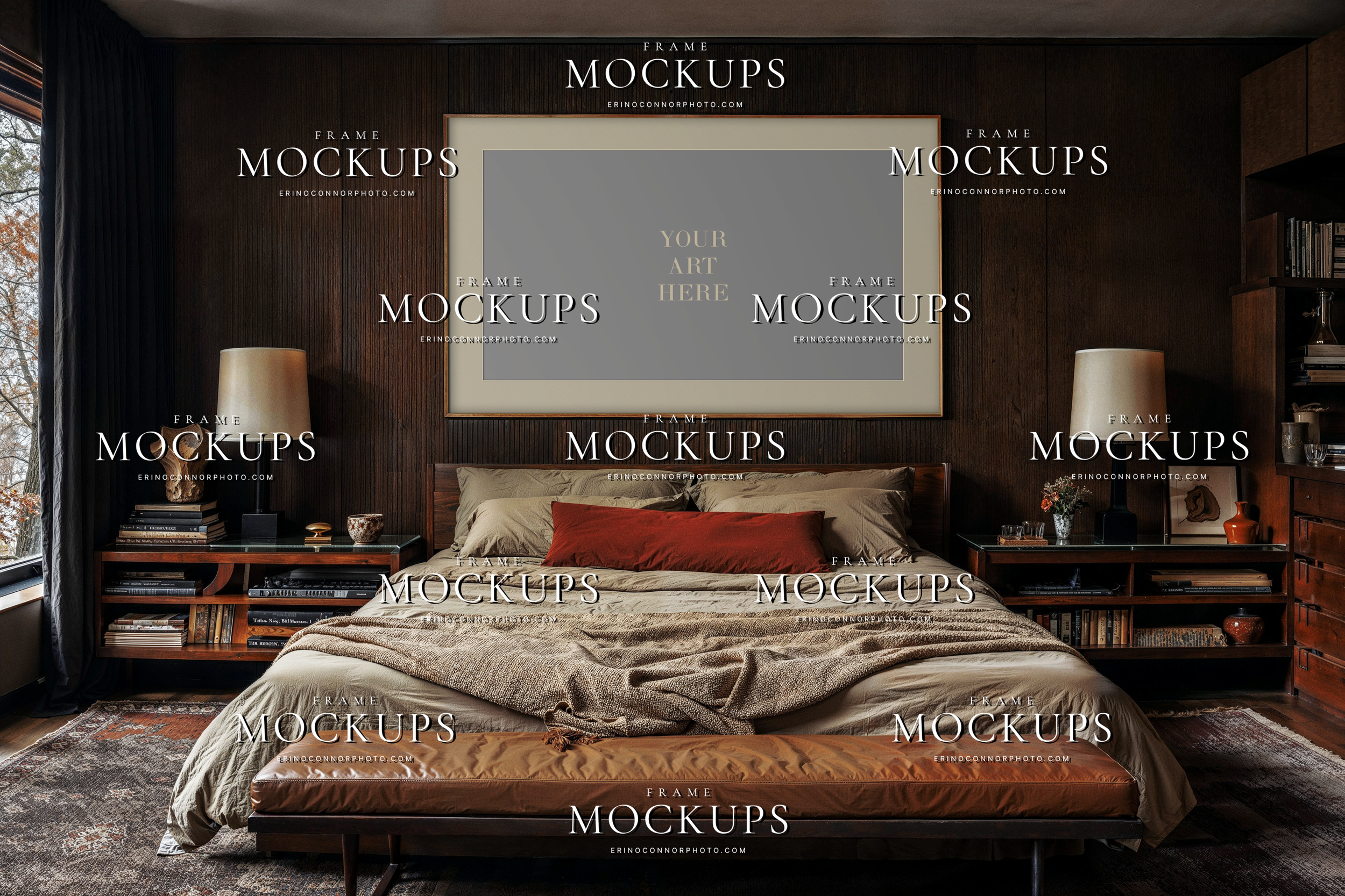 Empty horizontal wall art mockup in a warm modern bedroom with dark wood paneled wall, built in shelves, leather bench, and softly layered neutral bedding