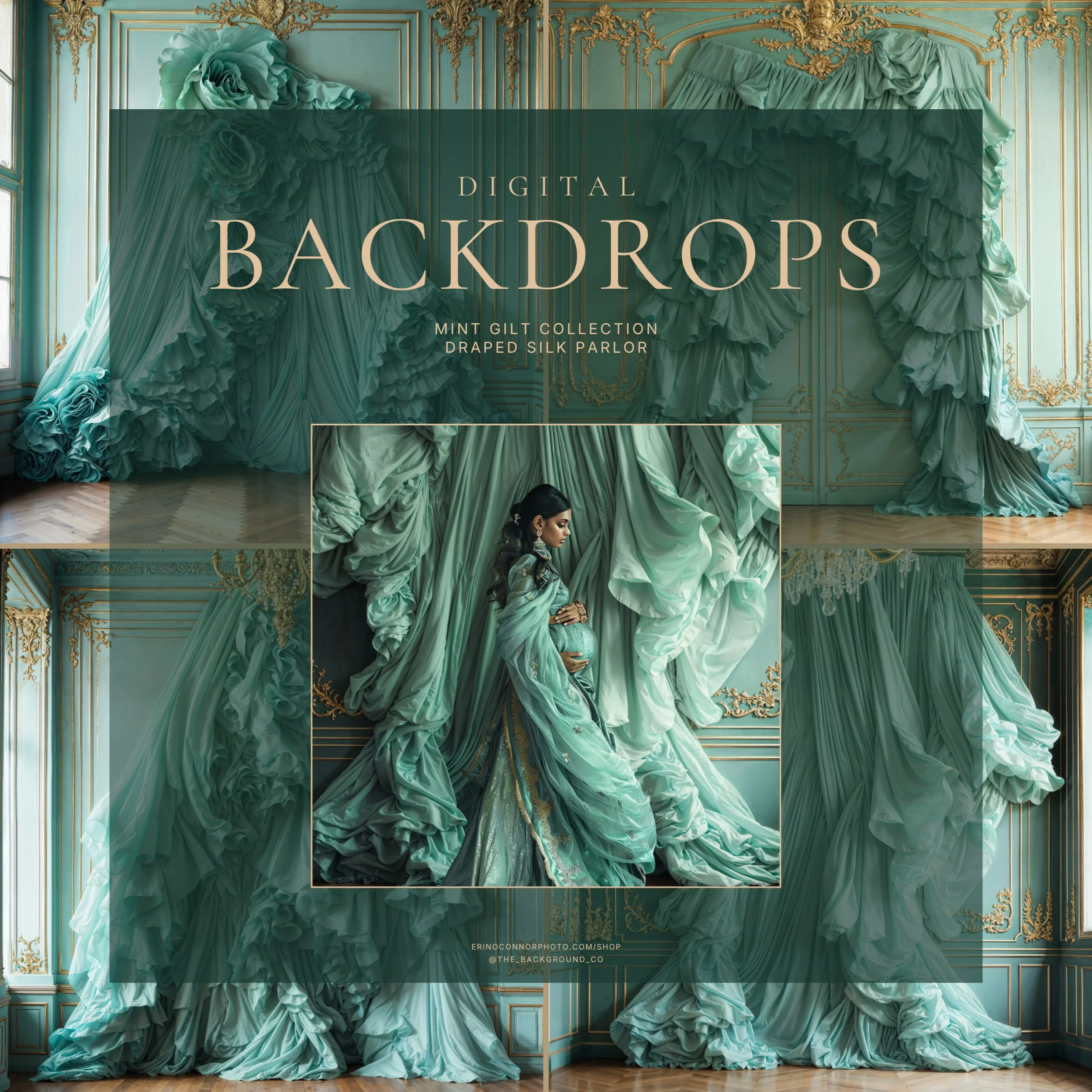 Draped Silk Mint Gilt digital backdrop collection with mint silk ruffles, gold Rococo parlor details, and maternity portrait composite preview.