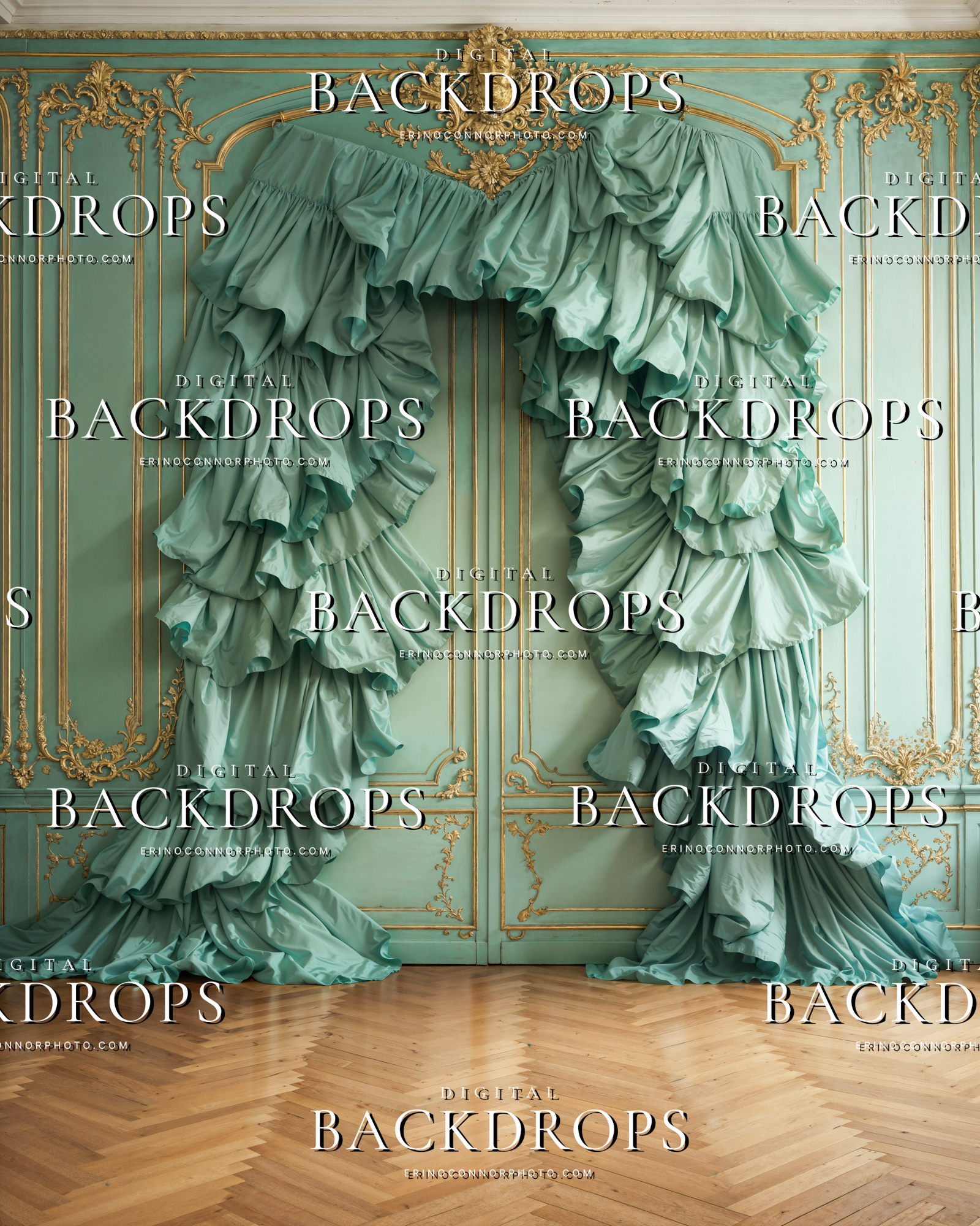 Luxury mint silk digital background with cascading drapery, gold architectural trim, chandelier details, and fine art portrait styling.