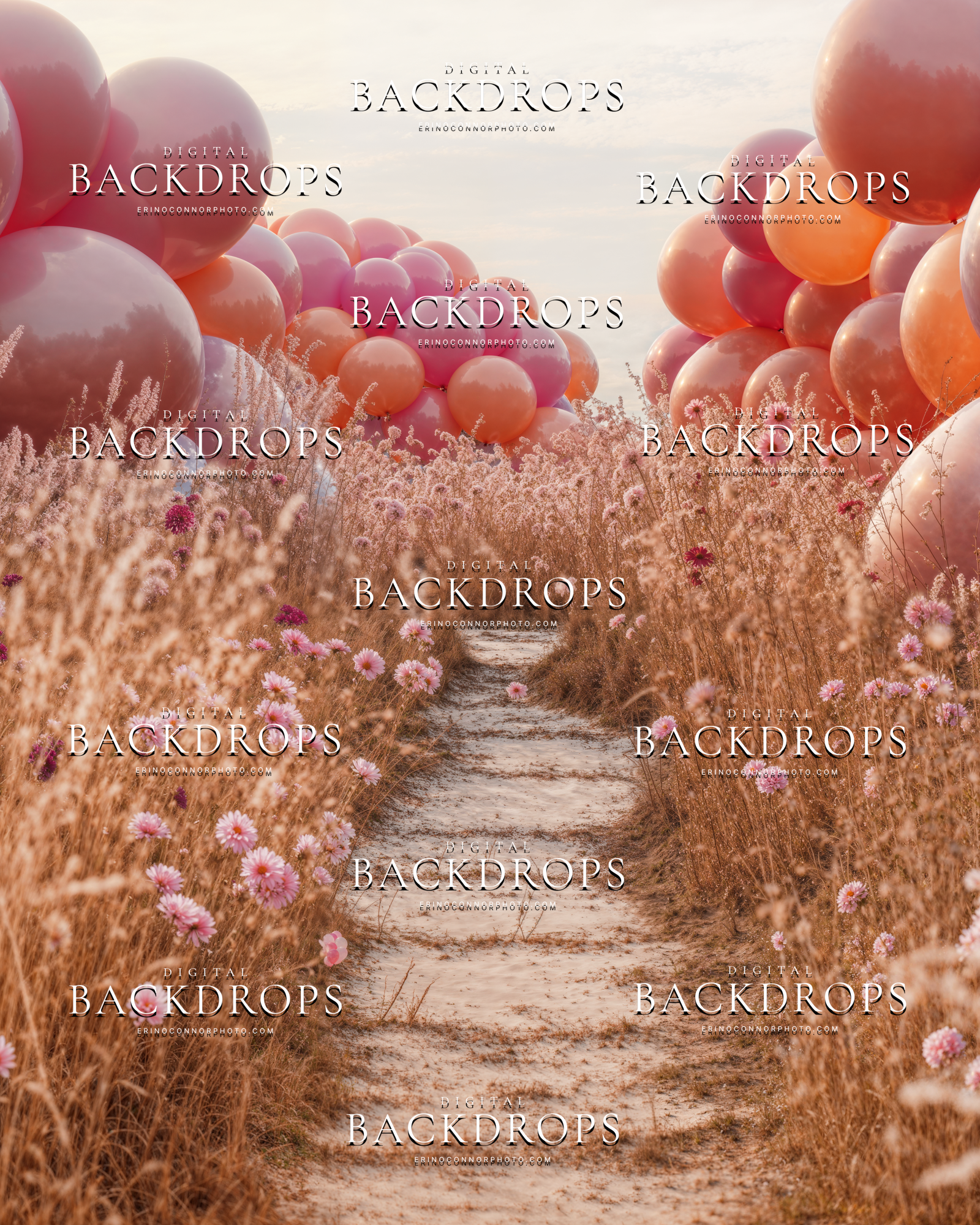 Coral and cream balloons over a winding path through colorful wildflowers, romantic meadow digital backdrop for maternity and family portraits.