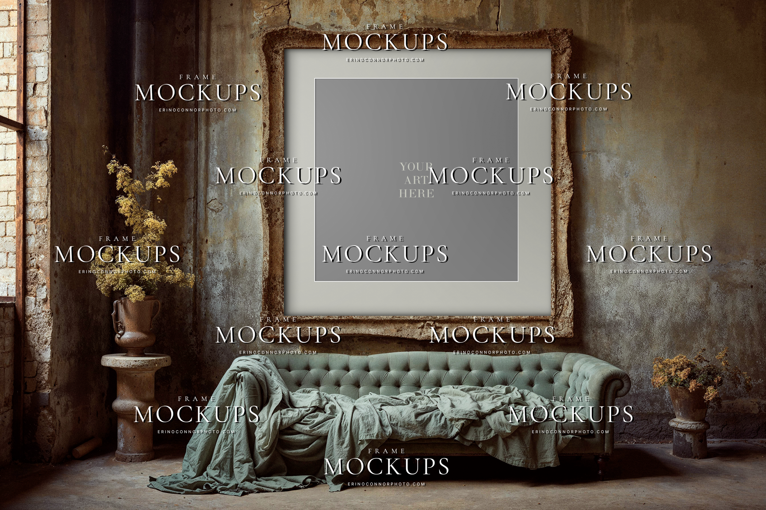 Empty vertical wall art mockup in an Old World European living room with sage sofa, distressed plaster walls, antique frame, and soft atmospheric light