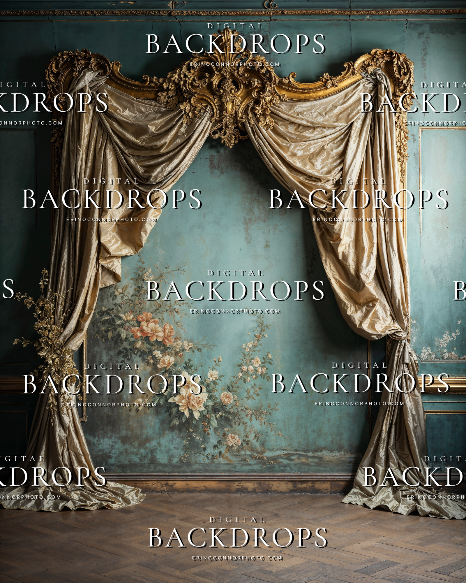 Rococo baroque frame digital background with ornate gold arch and champagne drapes on both sides, patina teal wall and wood floor, high resolution JPEG backdrop.