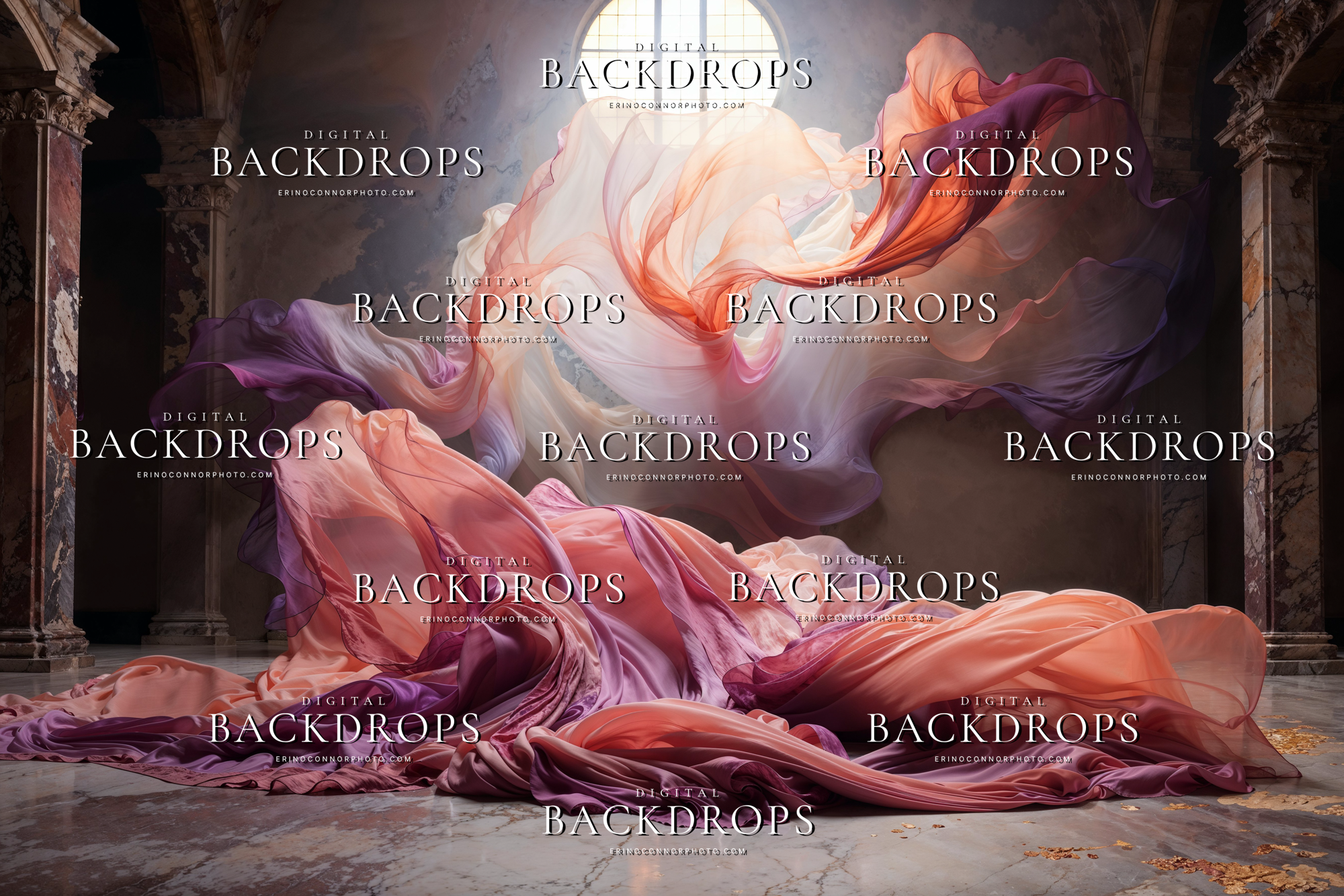 Translucent coral, blush, and orchid chiffon floating through a moody marble room with circular window light, digital background for editorial photography.