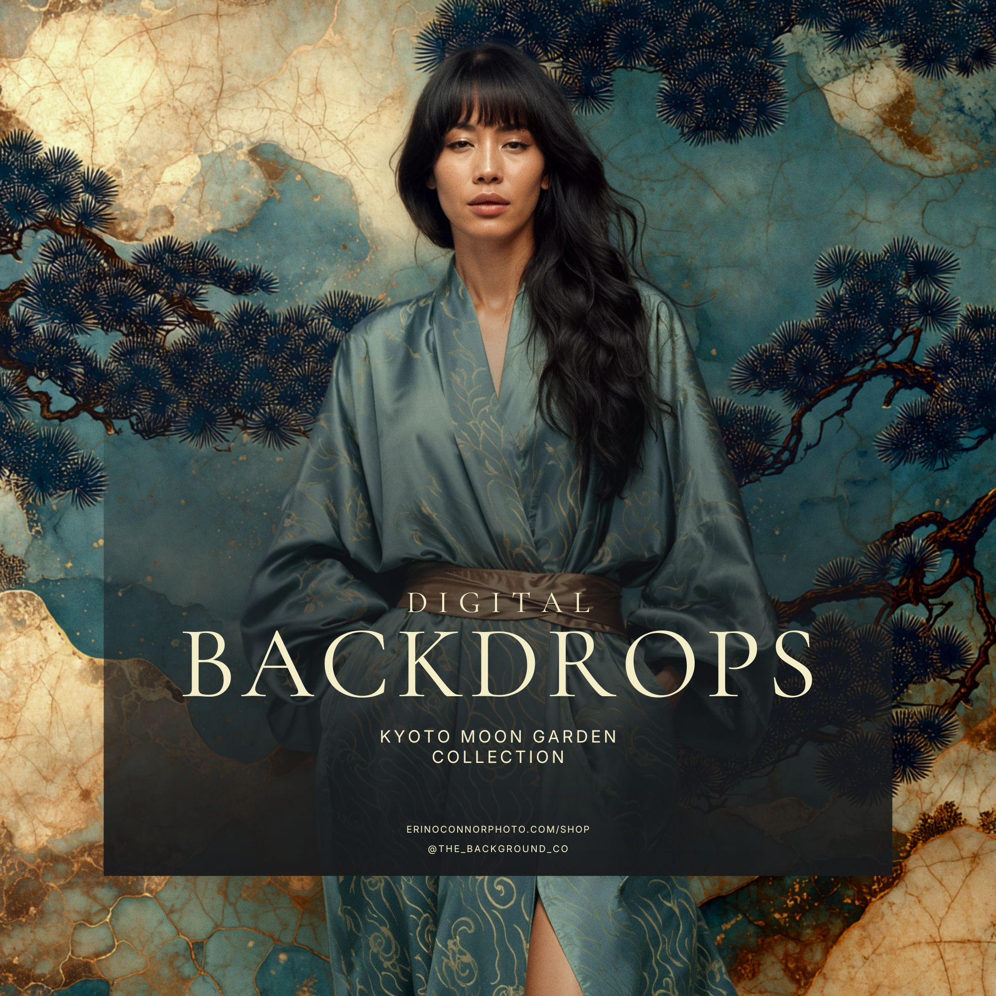 Example composite using Kyoto Moon Garden background: woman in teal silk robe against teal-and-gold pine backdrop, shown as portrait composite inspiration.
