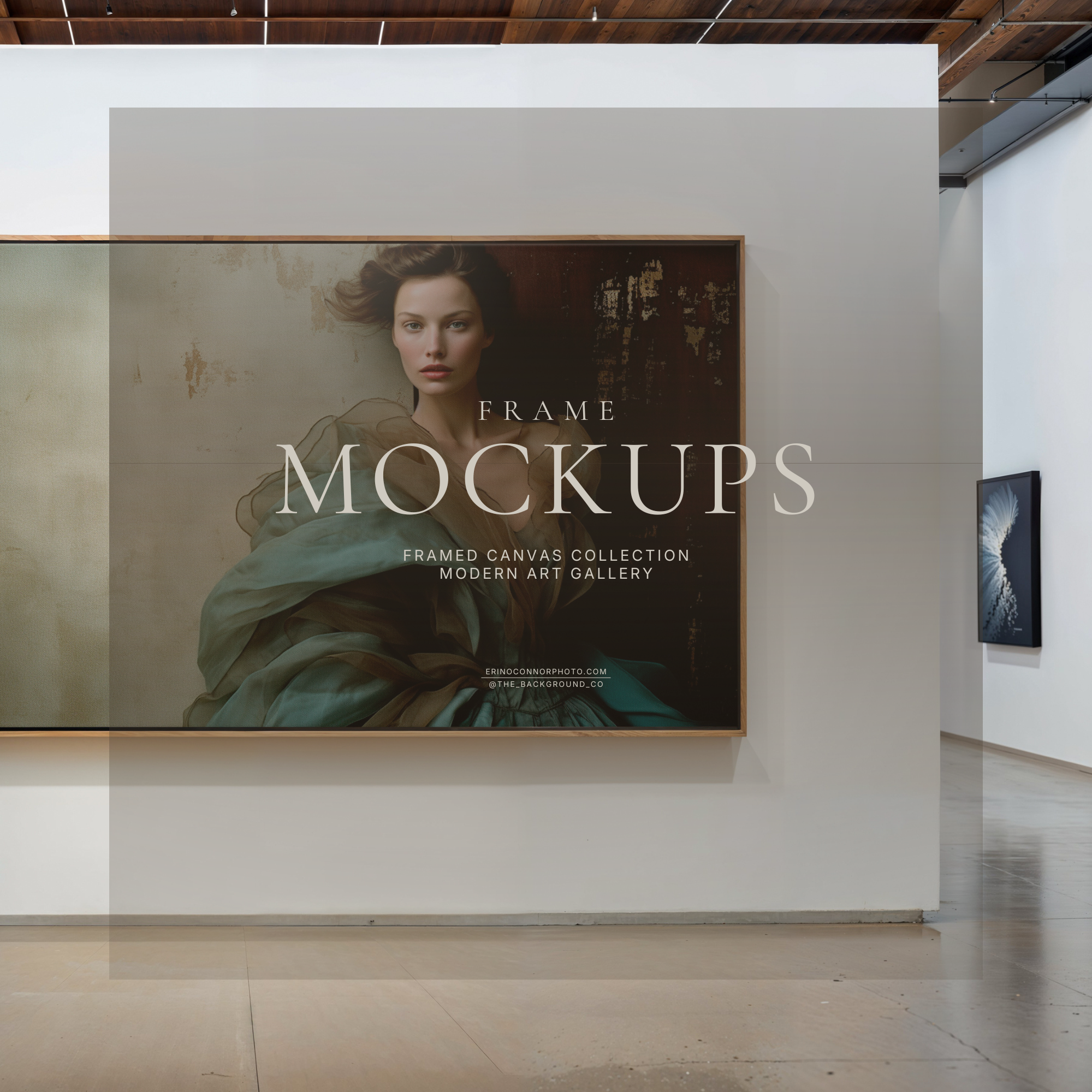Modern art gallery framed canvas mockup with oversized landscape artwork on a white gallery wall in a clean contemporary exhibition space.