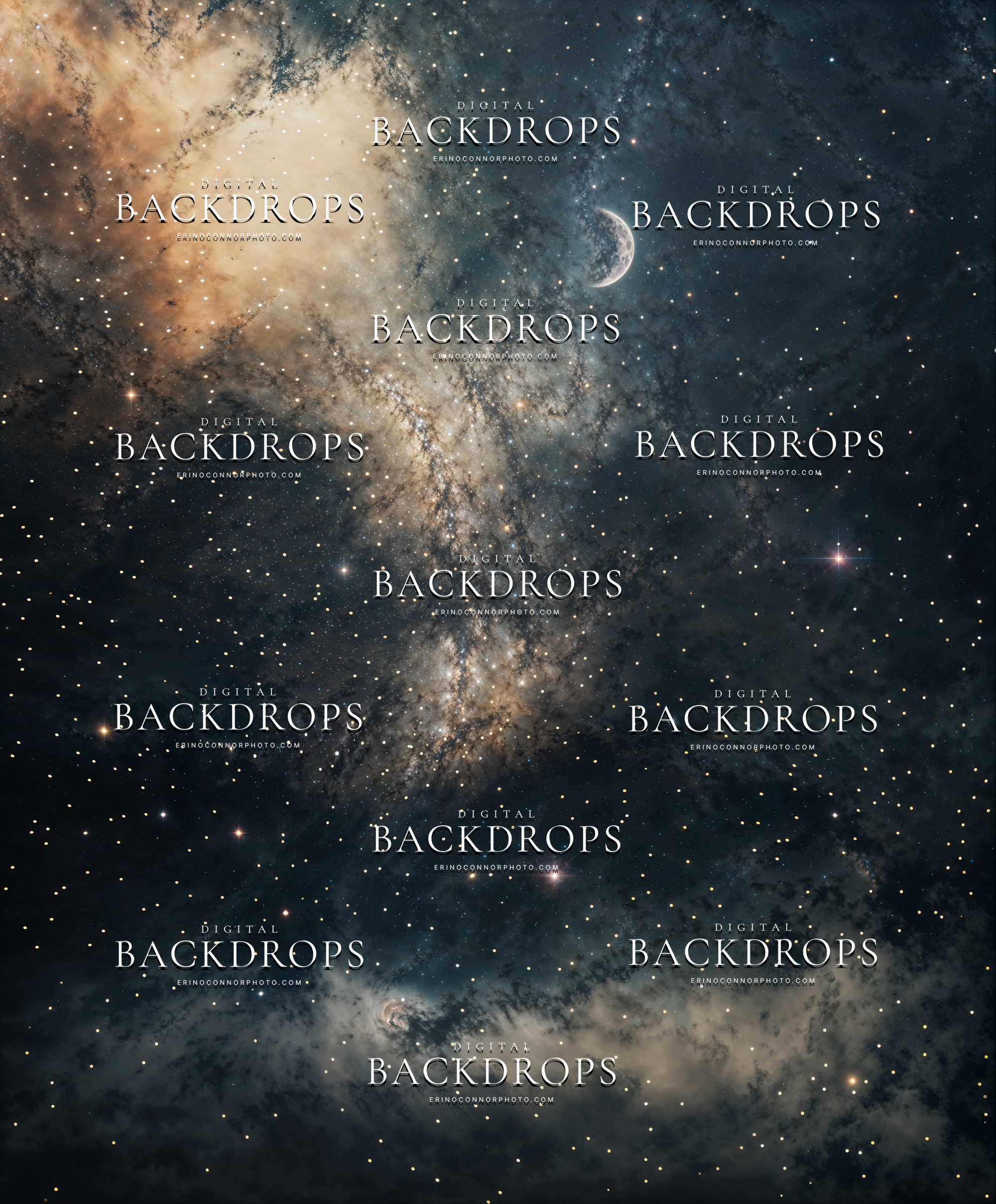 Milky Way galaxy night sky digital background with crescent moon and low clouds, cinematic celestial backdrop for portrait composites