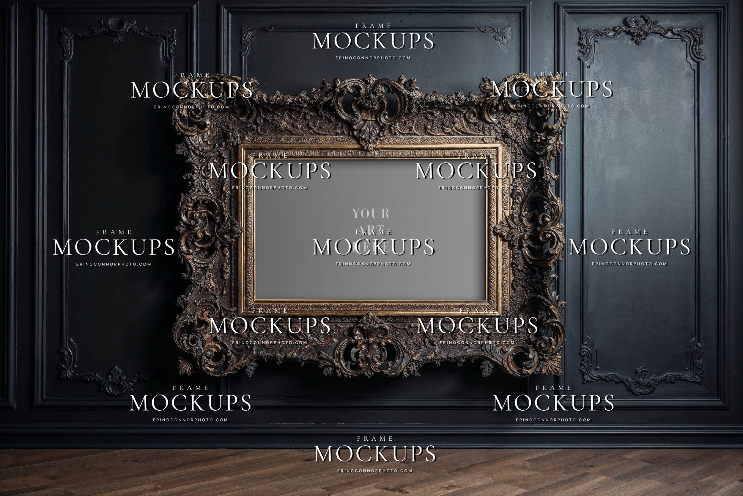 Baroque revival wall art mockup with ornate antique landscape frame on dark carved wall panels for photographers and artists displaying fine art prints.
