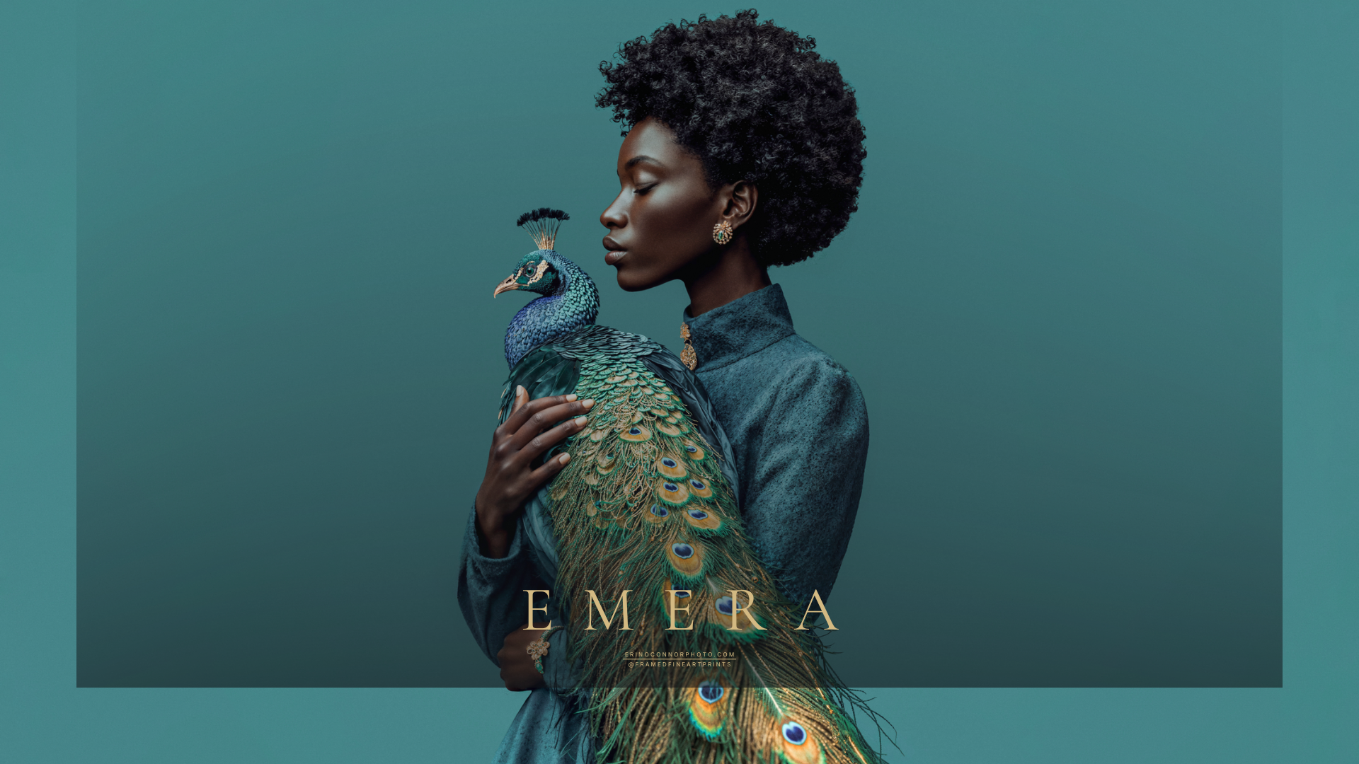 Emera in profile with closed eyes beside the blue head and crest of an iridescent peacock.