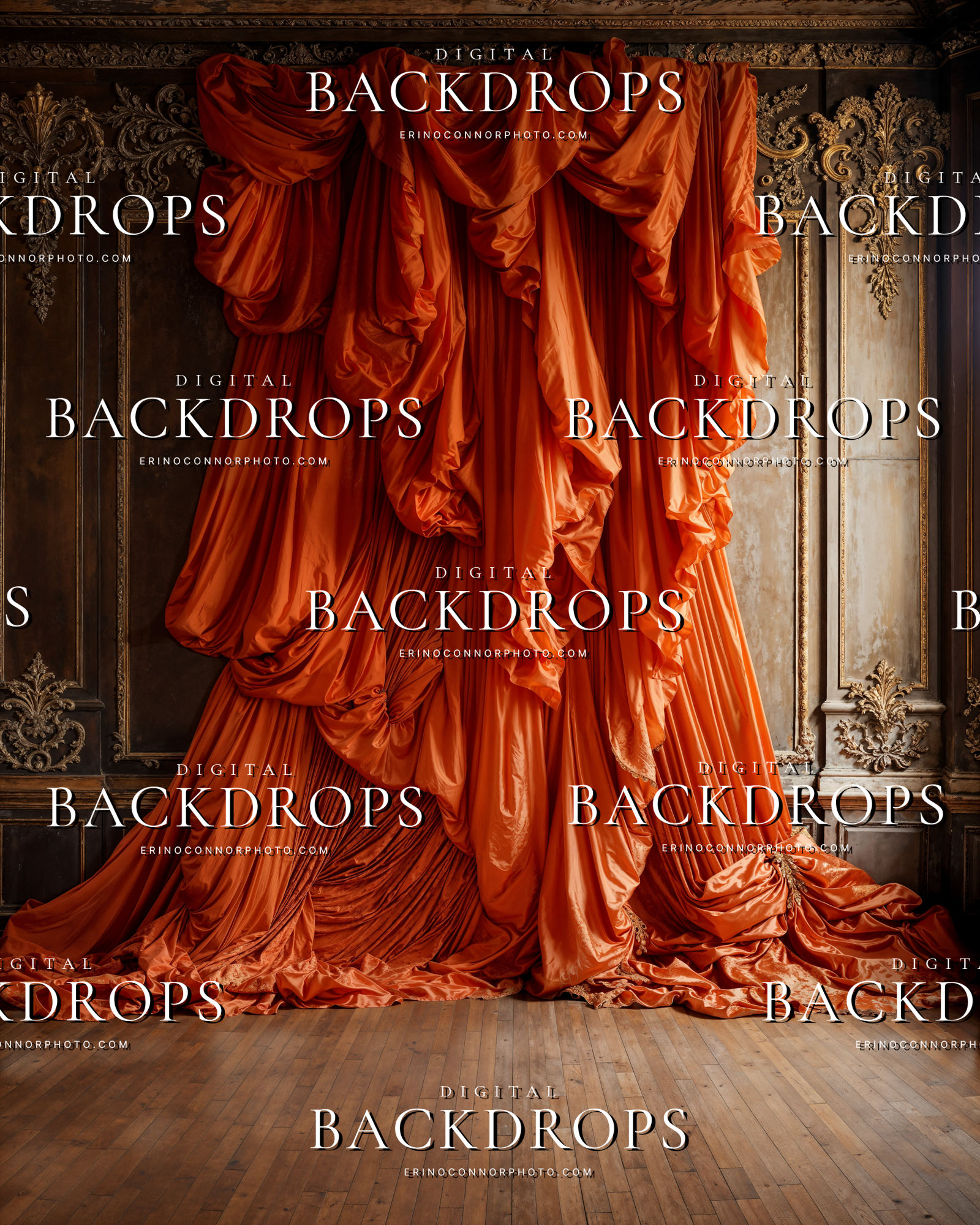 Dark parlor digital background with layered saffron silk, moody wood tones, and gathered fabric for dramatic portrait composites.