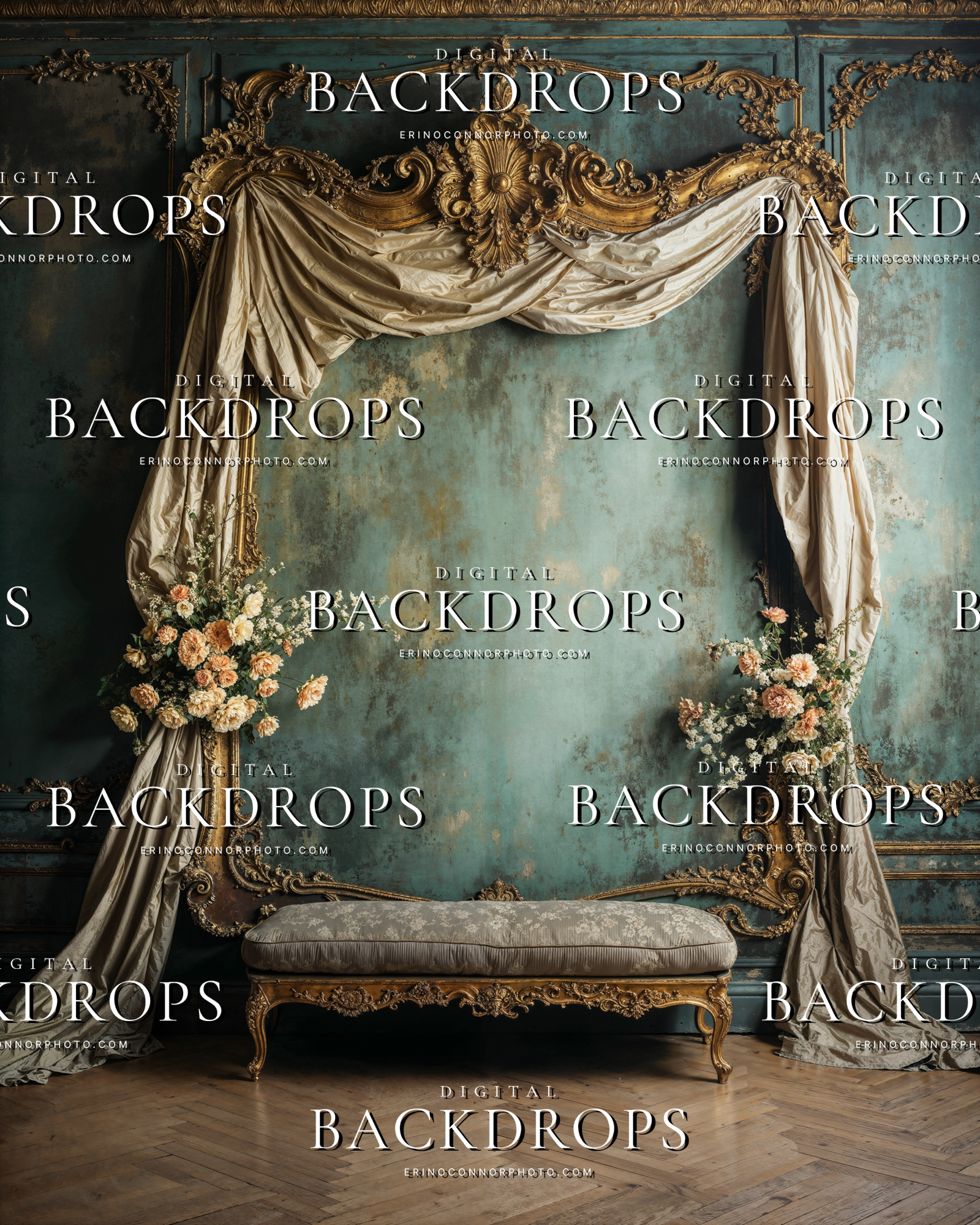 Rococo gilded arch digital background with champagne drape swag, floral clusters on both sides, antique bench below, patina teal wall, high resolution JPEG for composites.