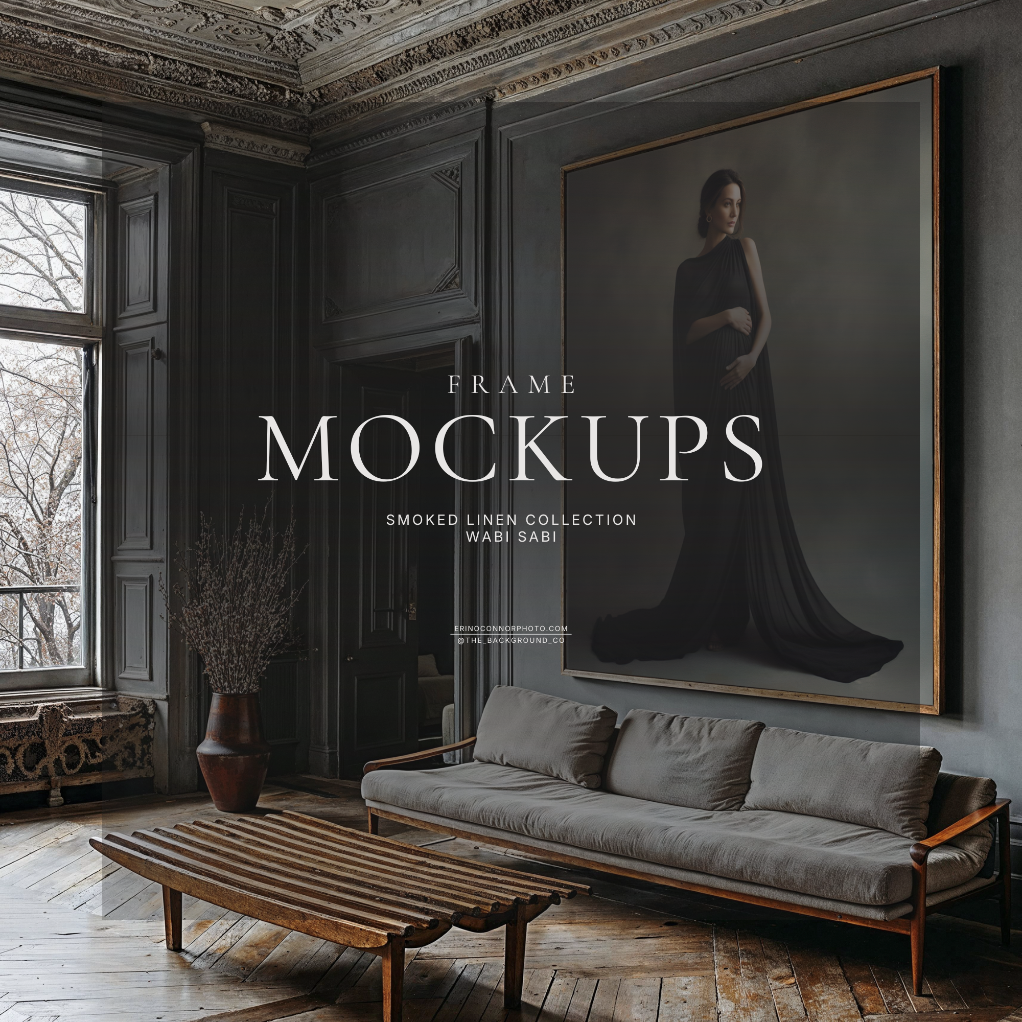 Large portrait frame mockup in a moody gray paneled room with tall windows, rustic wood floors, midcentury sofa and chair, ideal for wall art, poster, or photo print display.