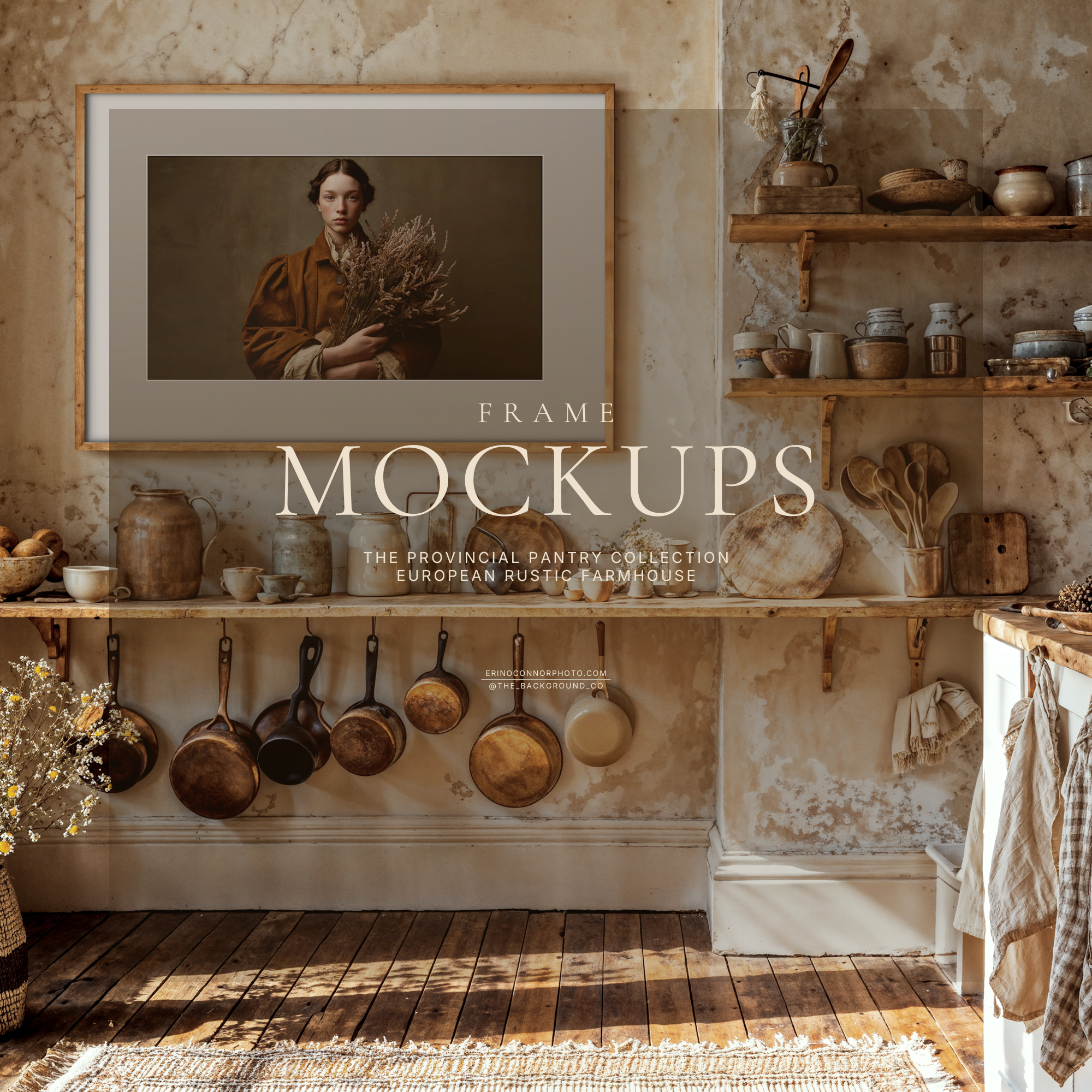 European rustic farmhouse kitchen interior wall art mockup with wooden shelves, copper cookware, pottery, and a 3:2 frame on aged plaster wall for photographers and artists selling prints.