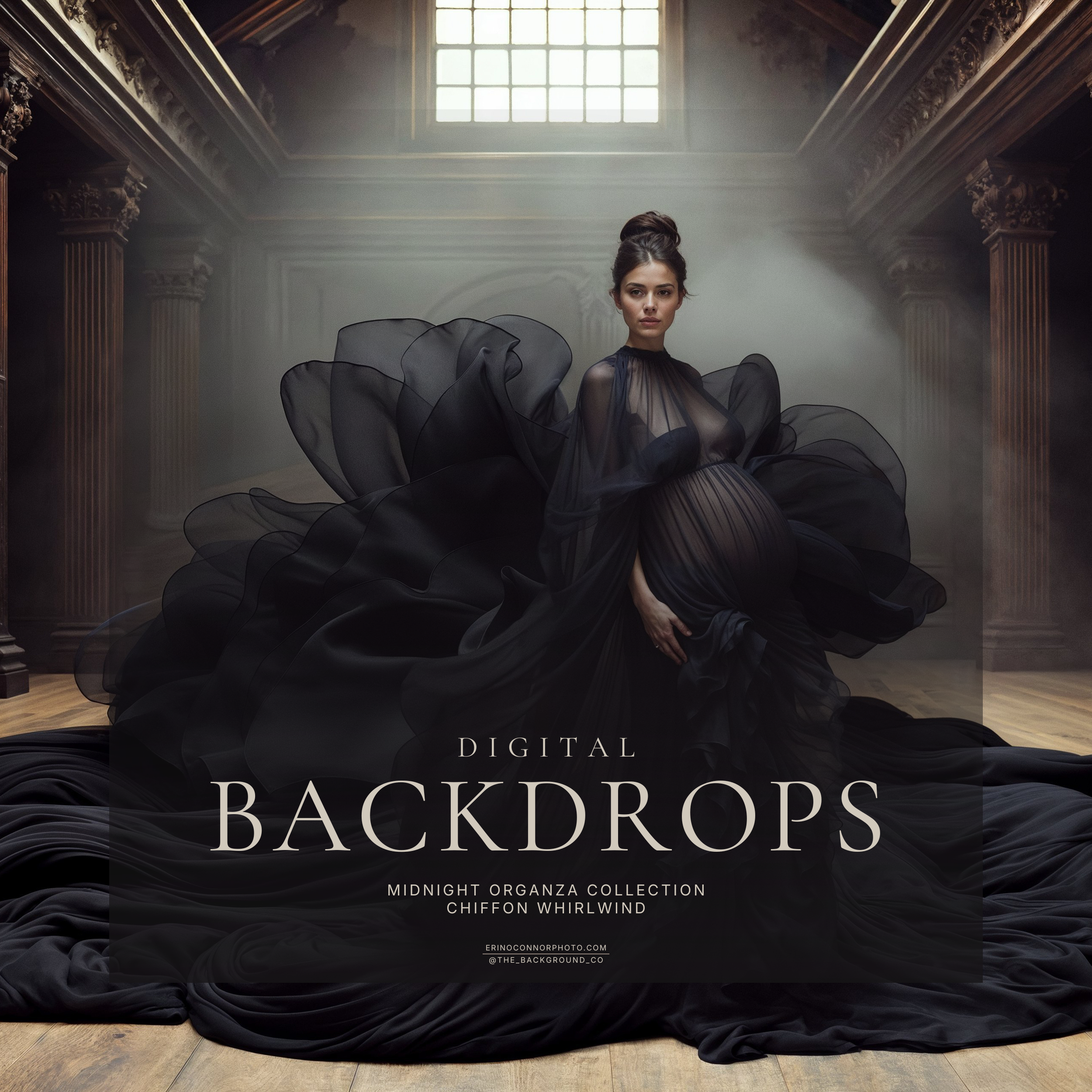 Chiffon Whirlwind: Midnight Organza | Black Chiffon Digital Background Set