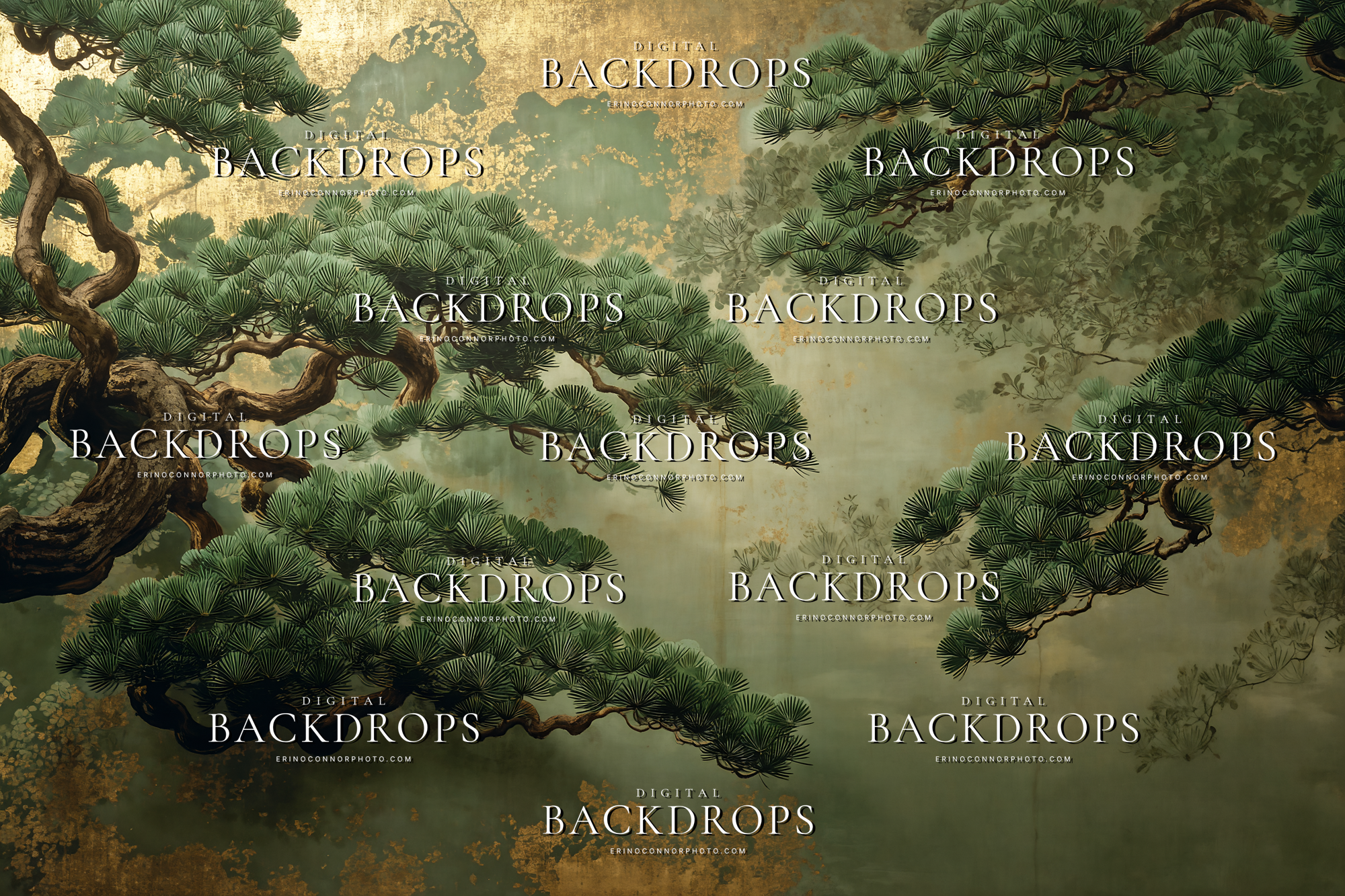 Kyoto Moon Garden digital background: soft sage-green mist with layered pine branches and subtle gold accents, serene Japanese-inspired portrait background.