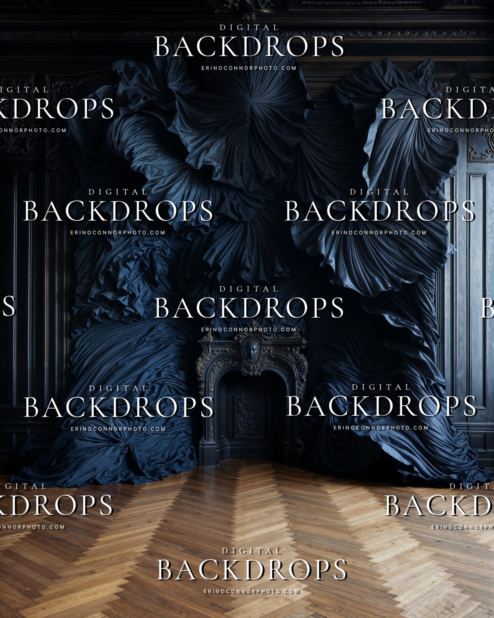 Dark blue parlor background with layered silk drapery and a small ornate fireplace for atmospheric portrait and fantasy composites.