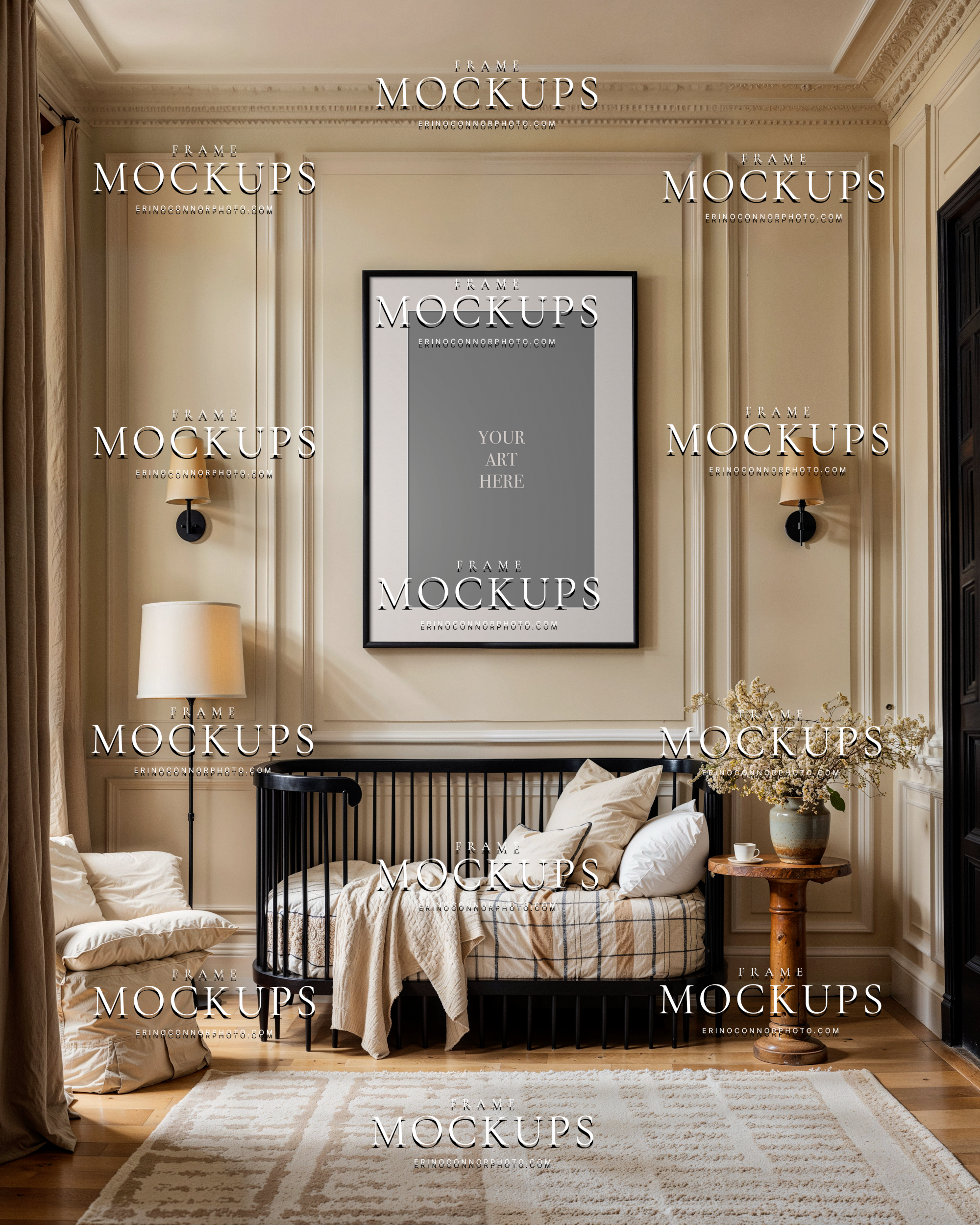 French country nursery wall art mockup with black crib, cream rug, soft panel molding, and elegant neutral decor for baby photography, nursery prints, and framed artwork display.