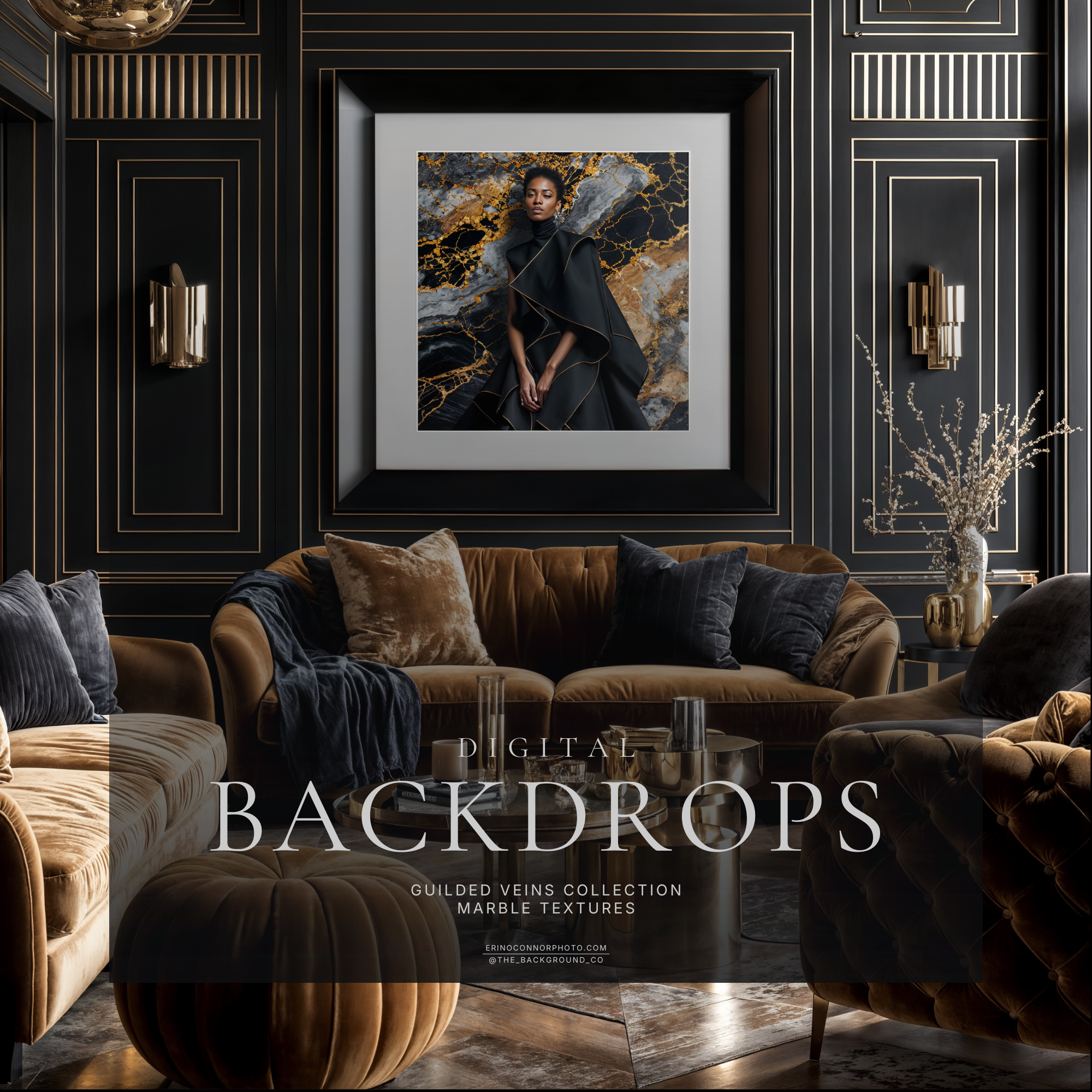 Black and gold marble portrait displayed in a glamorous Art Deco living room frame mockup with velvet seating and metallic accents.