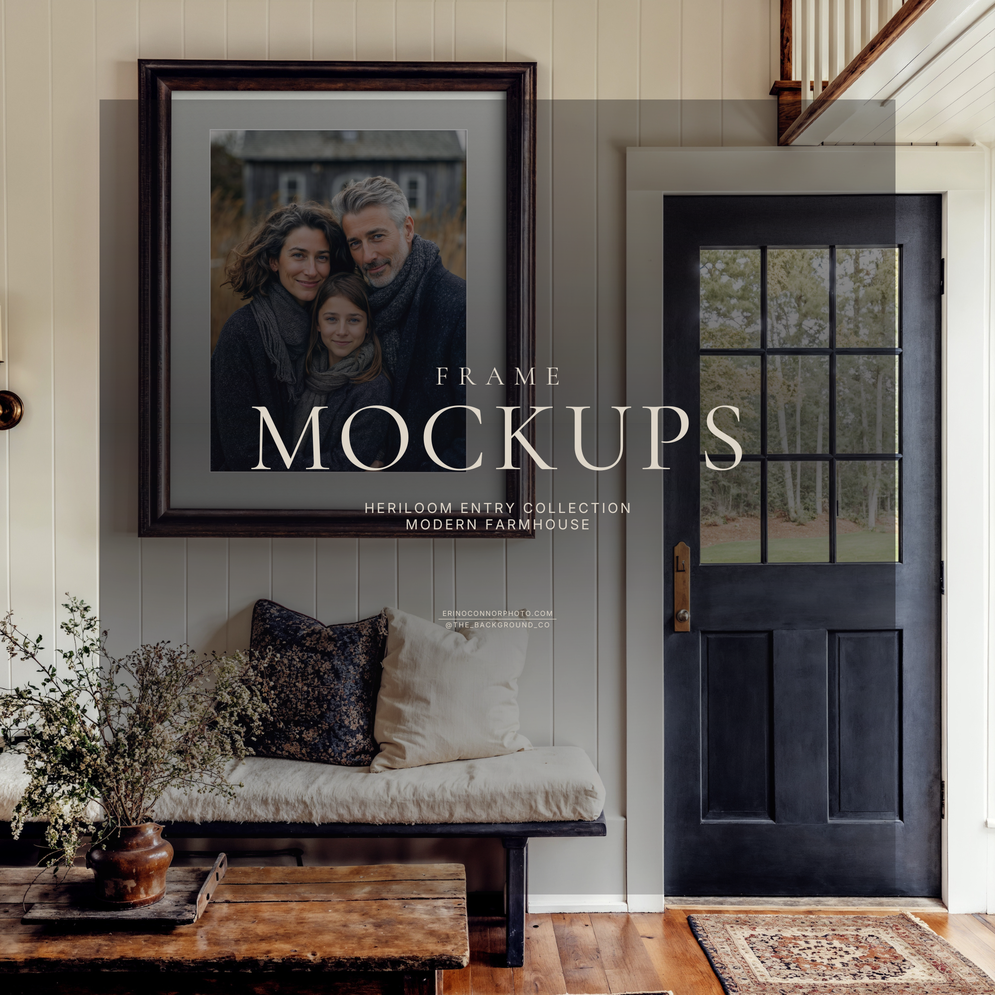Modern farmhouse entryway mockup with white shiplap walls, black front door, bench and vintage rug, featuring a large vertical dark wood frame with wide white matte for wall art display.