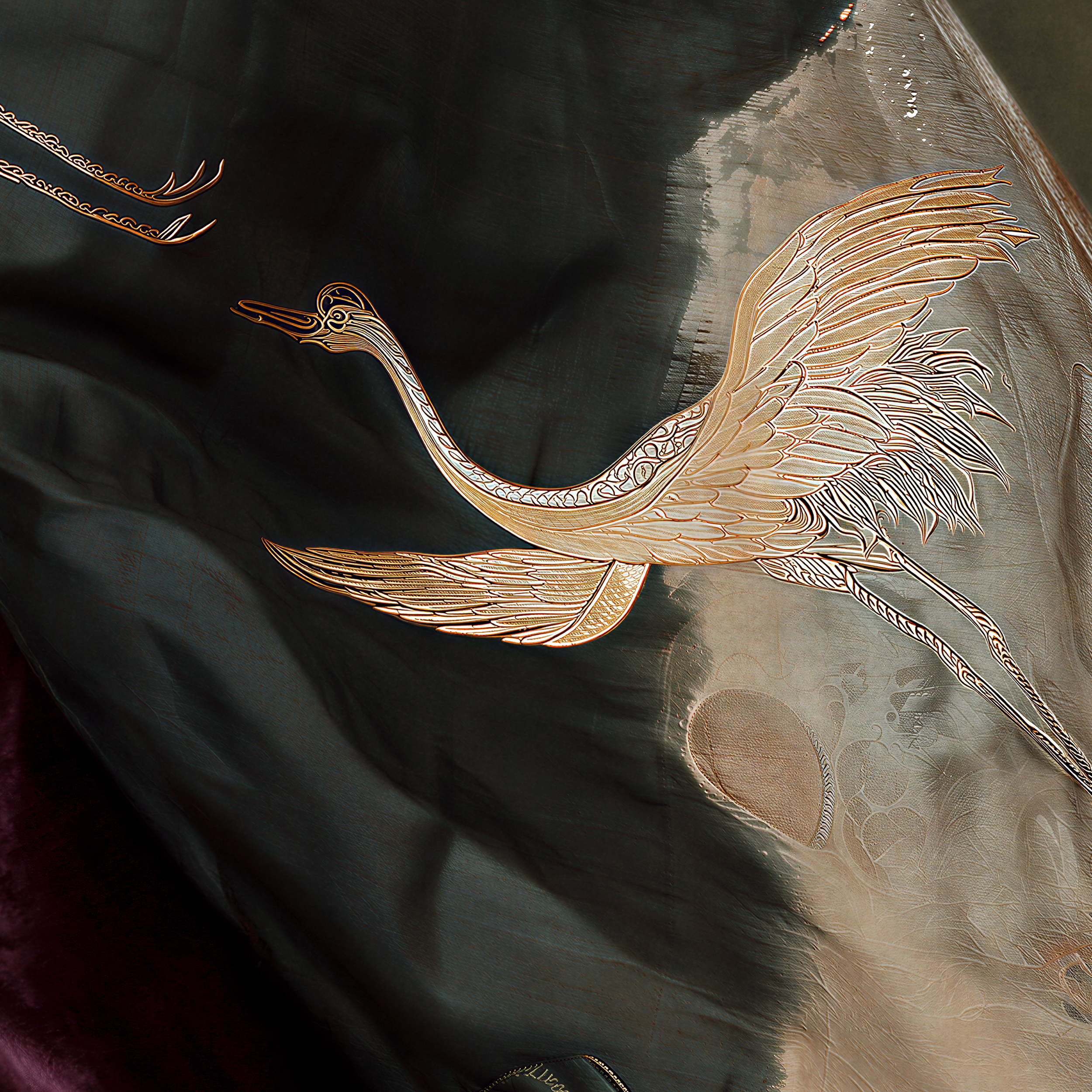 Close detail of ivory embroidered cranes in different positions across Zuri's deep green garment.