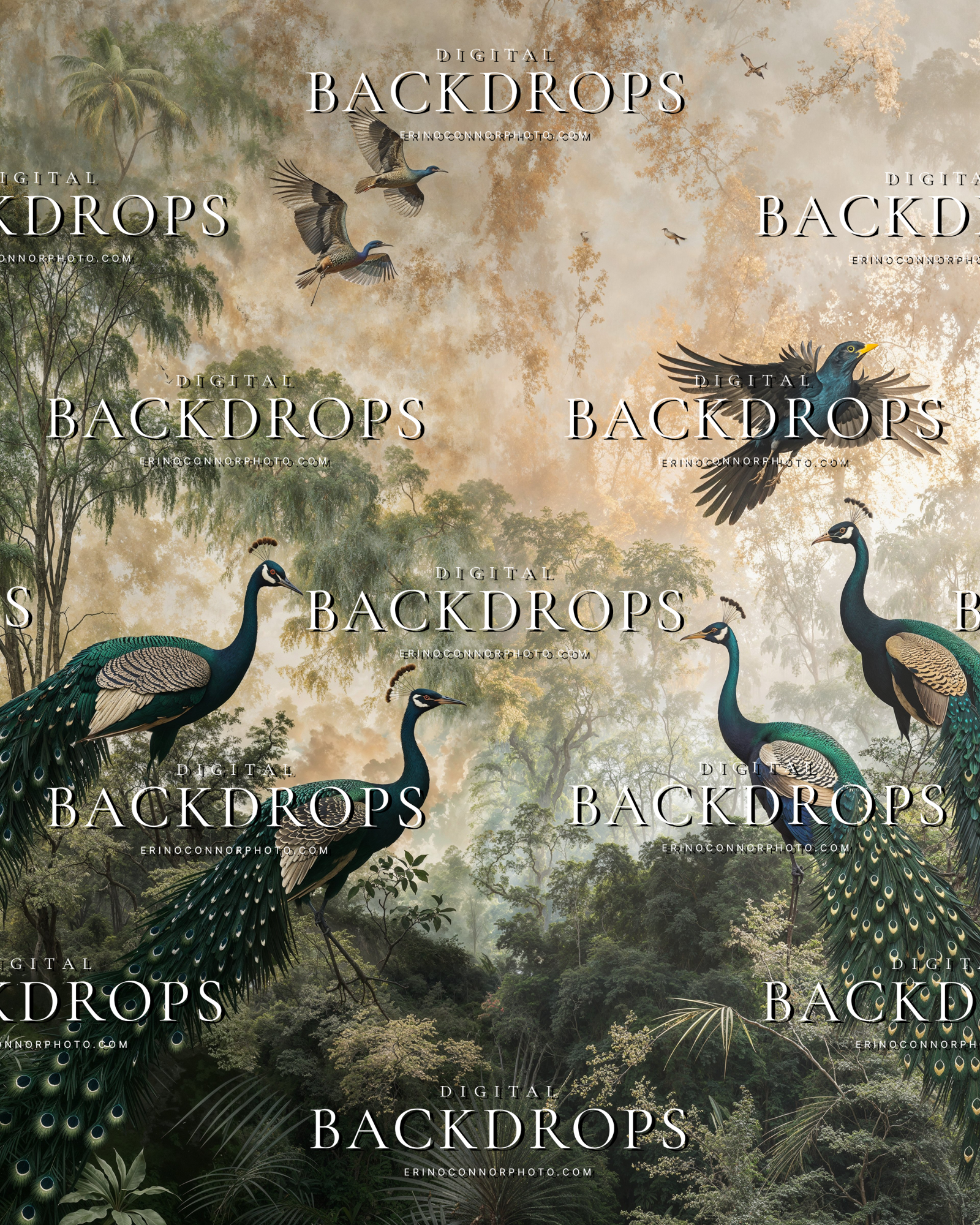 Aviary Botanicals Lotus and Feather, peacocks in misty forest digital background, dreamy tropical woodland canopy, soft golden haze for composites.