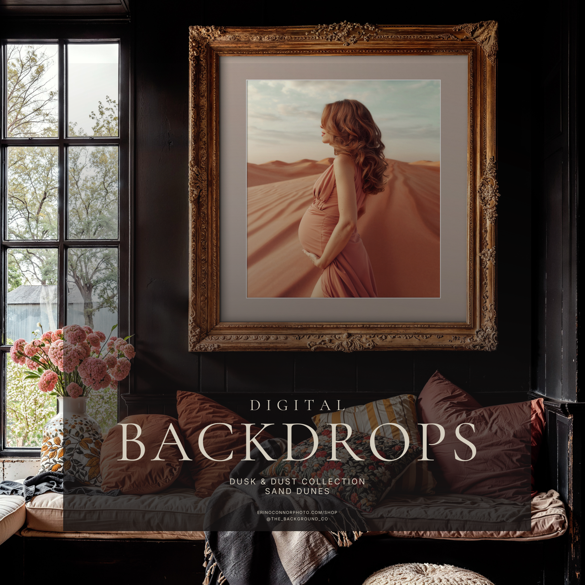 Framed wall art mockup featuring a maternity composite made with Sand Dunes: Dusk & Dust, a warm desert digital background with rippled dunes, blush sky, and soft editorial tones