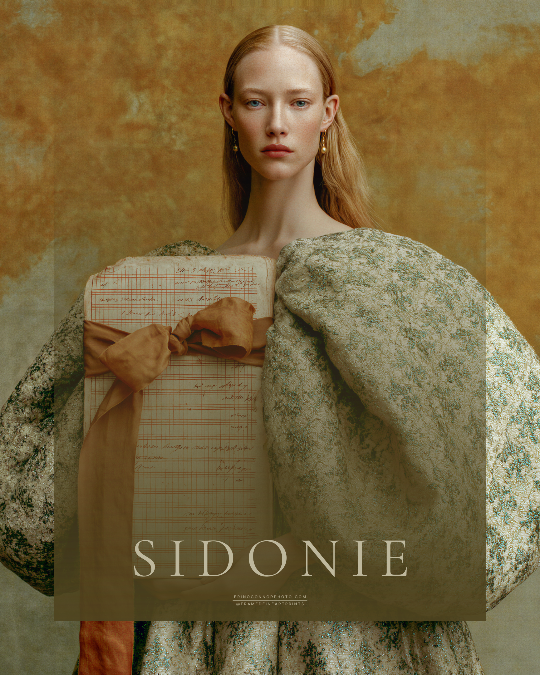 Sidonie fine art portrait of a woman in a voluminous pale brocade gown holding aged ledger pages tied with copper ribbon.