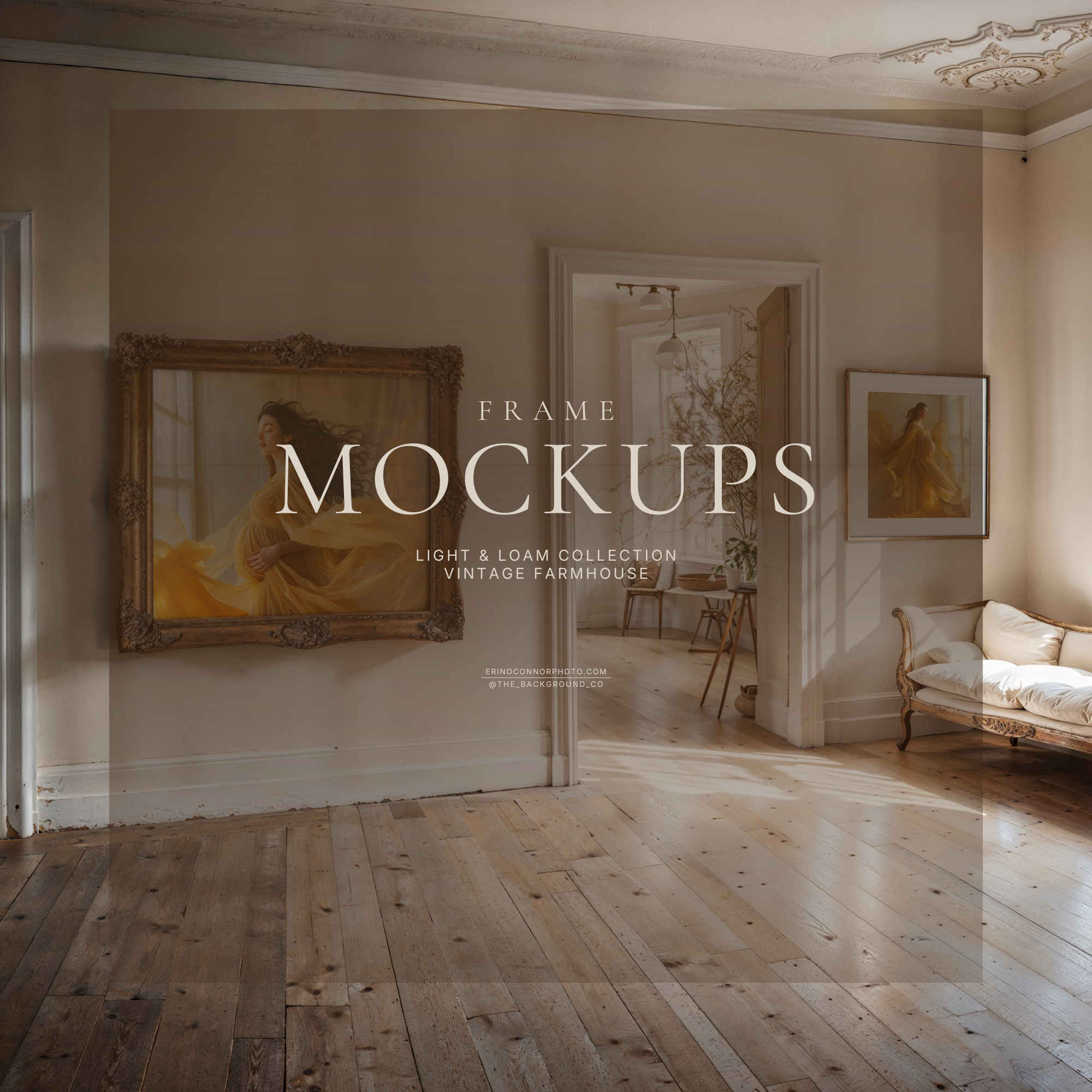 Bright vintage white room mockup with tall windows and sunlit wood floors, featuring two framed wall art placeholders, one ornate and one simple, styled with a chaise lounge and airy neutral decor.