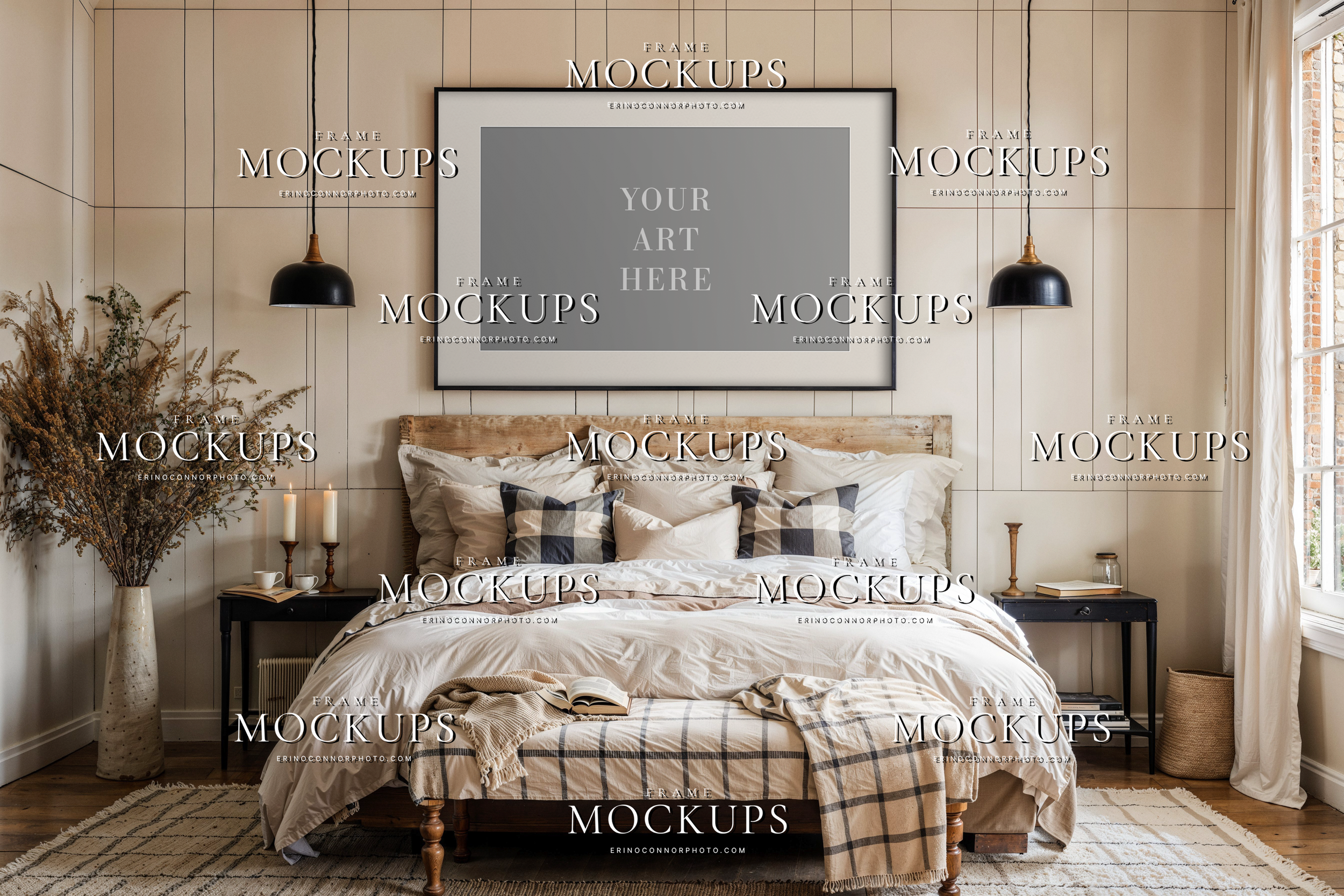 Empty horizontal wall art mockup in a modern farmhouse bedroom with grid paneled walls, gingham pillows, black pendant lights, layered bedding, and warm neutral styling