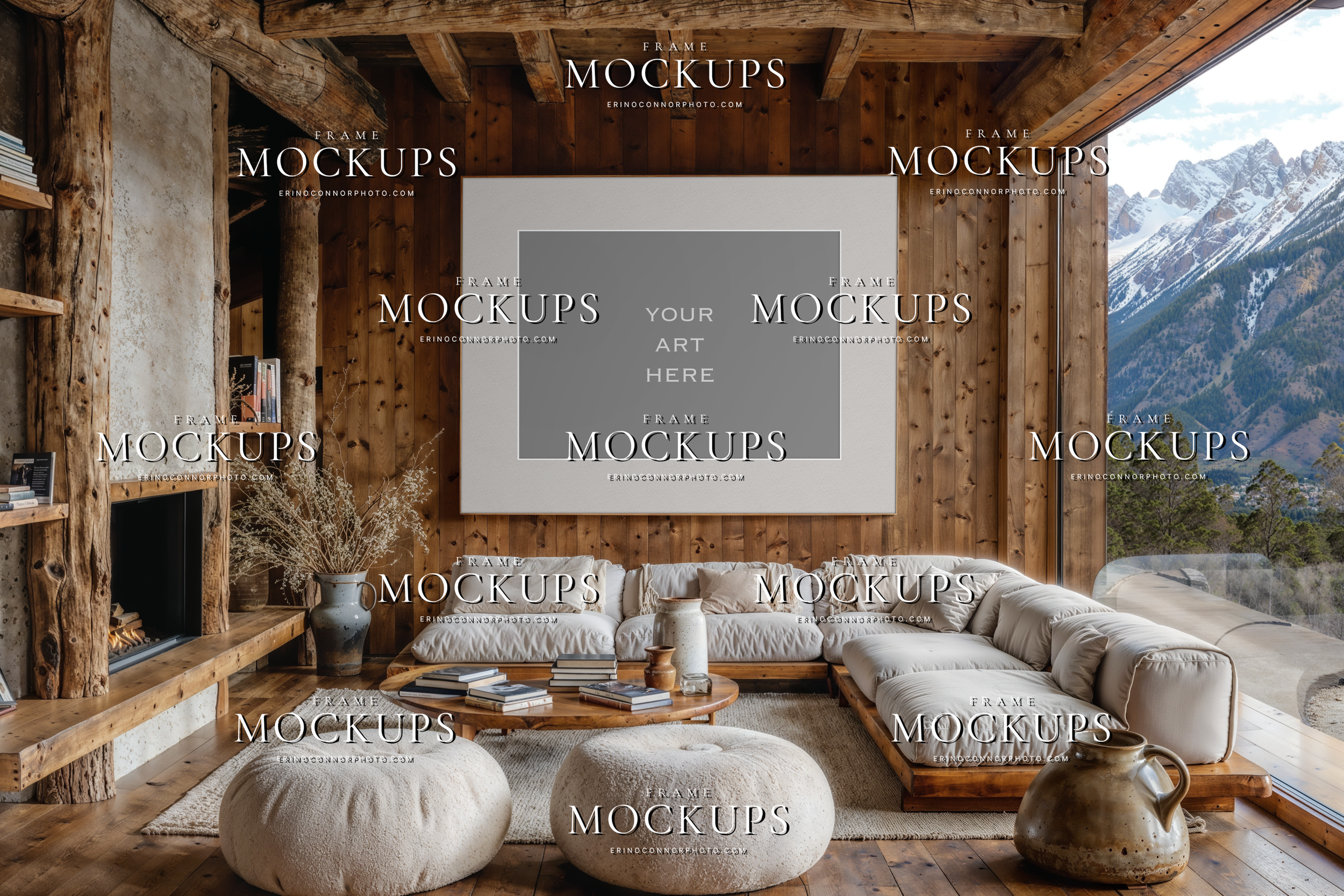 Modern mountain cabin empty frame mockup with landscape frame, cedar plank walls, low cream sectional, wood coffee table, exposed beams, and bright alpine view.