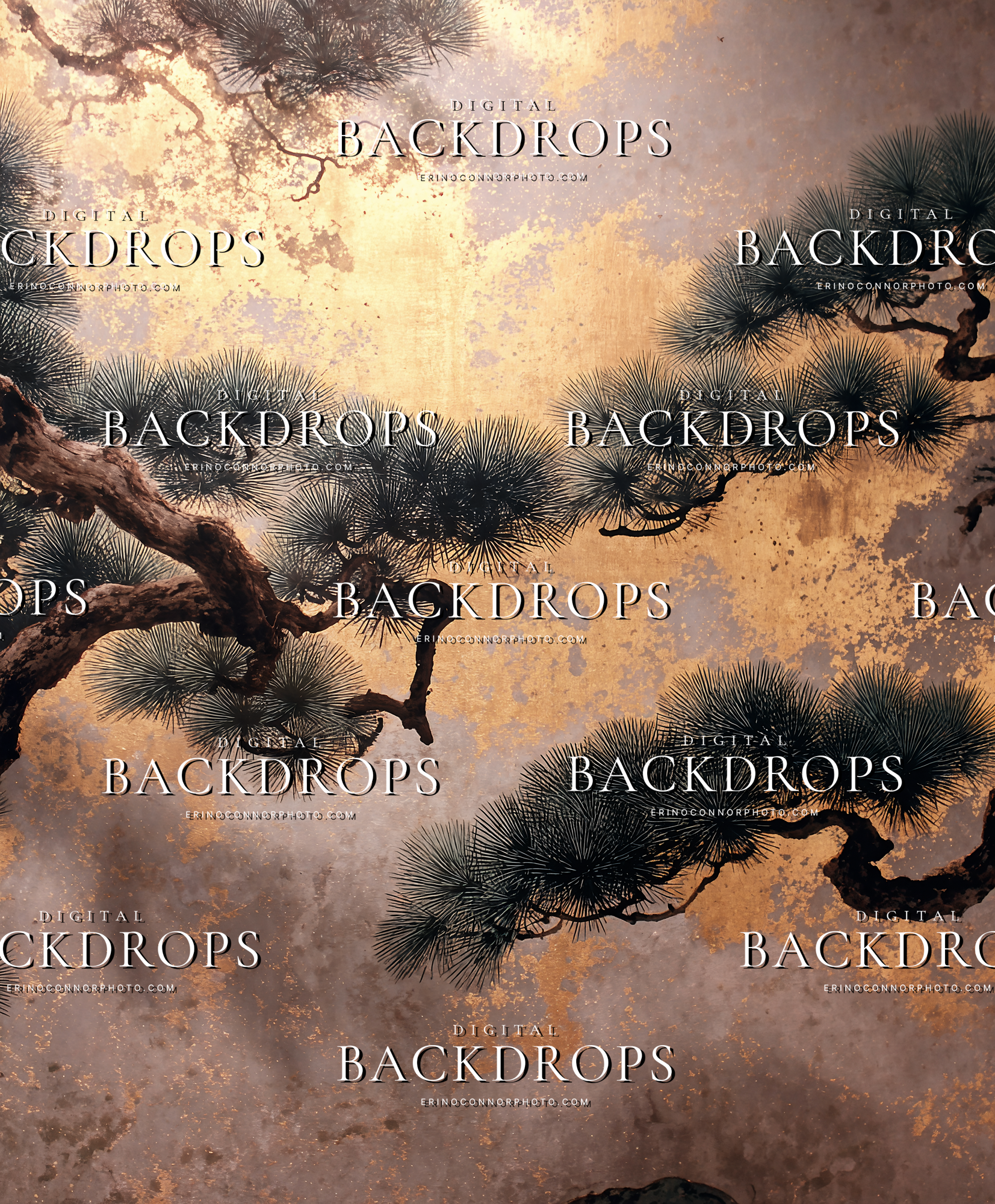 Kyoto Moon Garden digital background: golden haze with indigo pine boughs, misty clouds, and scattered gold leaf—cinematic portrait and fantasy backdrop.