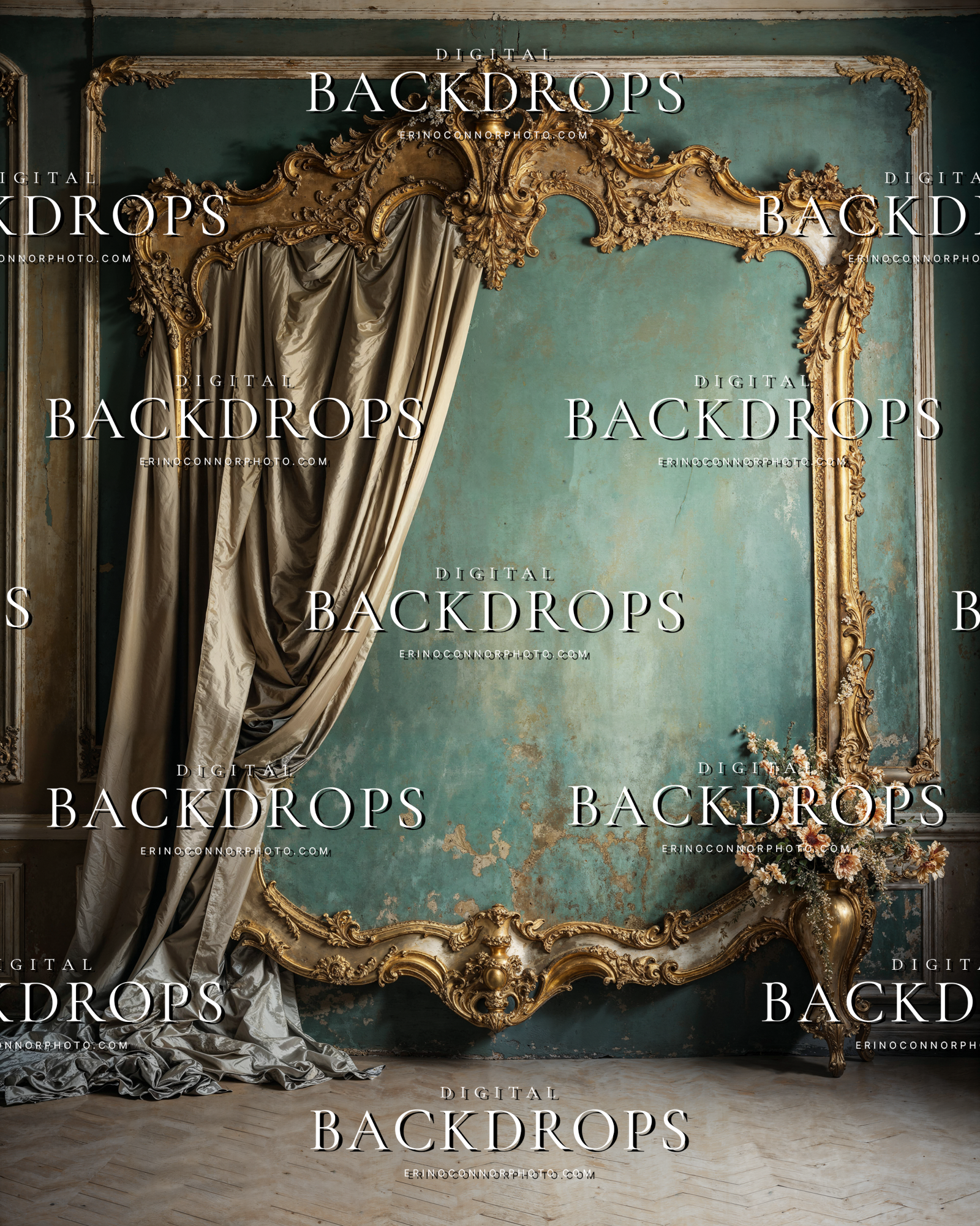 Vintage gilded frame digital background with heavy drape on left, open teal patina wall space, ornate gold vase with flowers on right, high resolution JPEG for portraits.