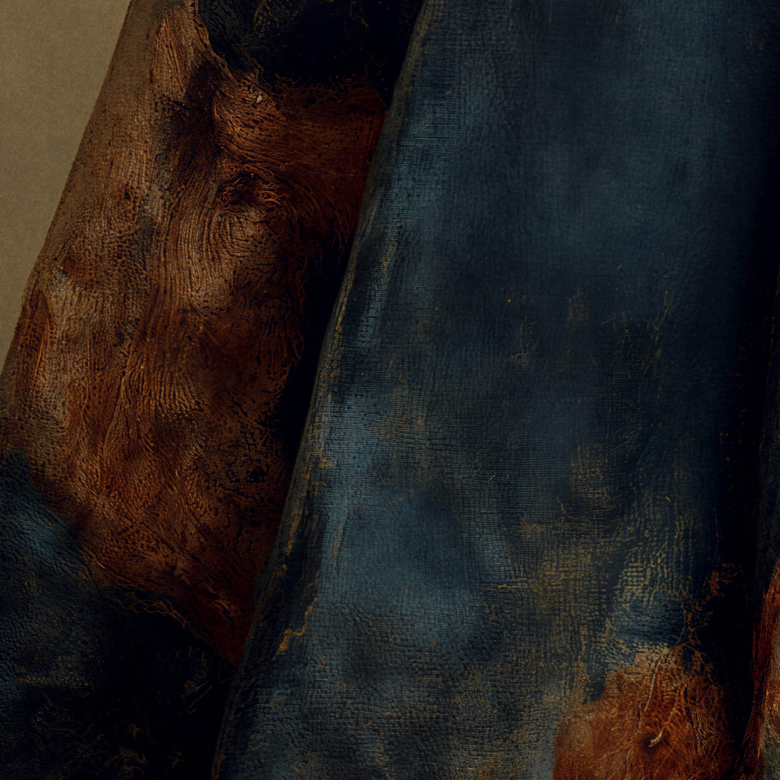 Close-up of Ottilie’s deep teal garment with worn rust and ochre painted texture near the hem.
