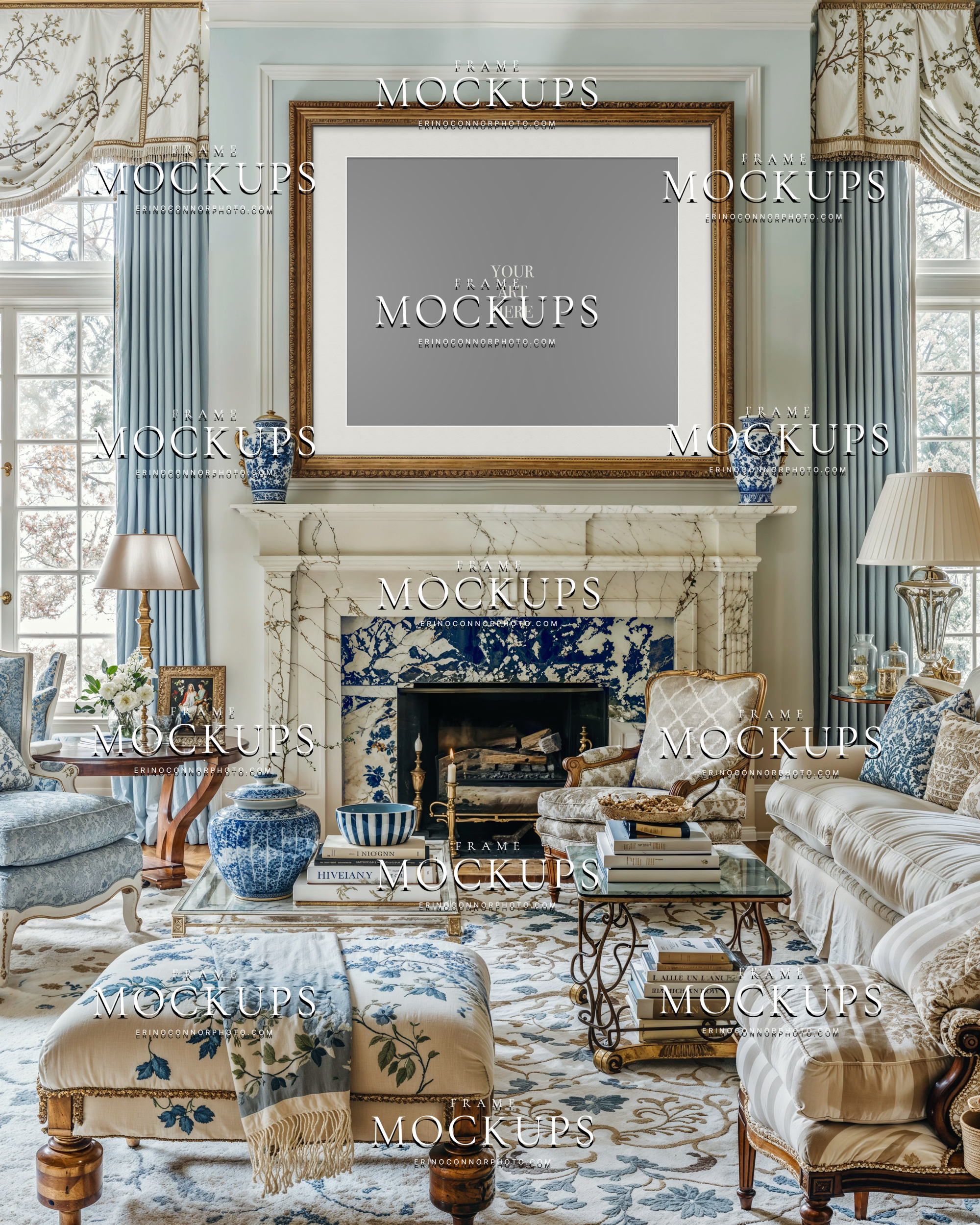Empty wall art mockup with a large gilded frame above a marble fireplace, blue drapery, chinoiserie vases, and a bright Grand Millennial sitting room.