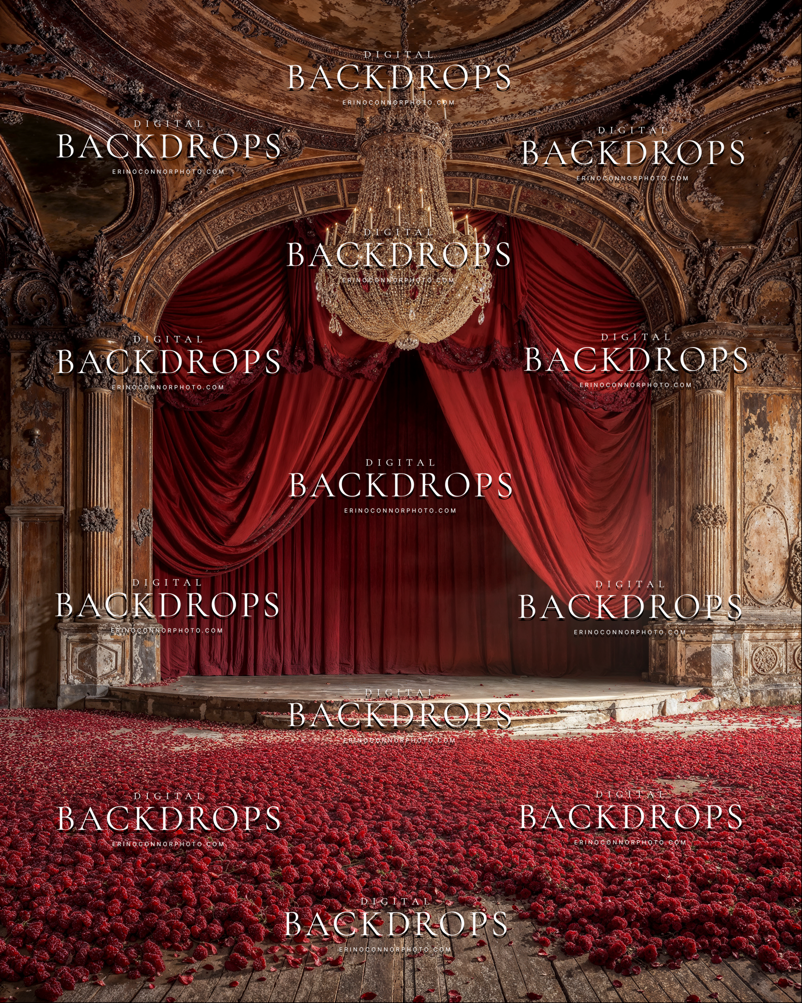Vintage theatre stage digital backdrop with ruby red curtains, ornate proscenium, chandelier, rose petals covering the floor, dramatic romantic portrait background