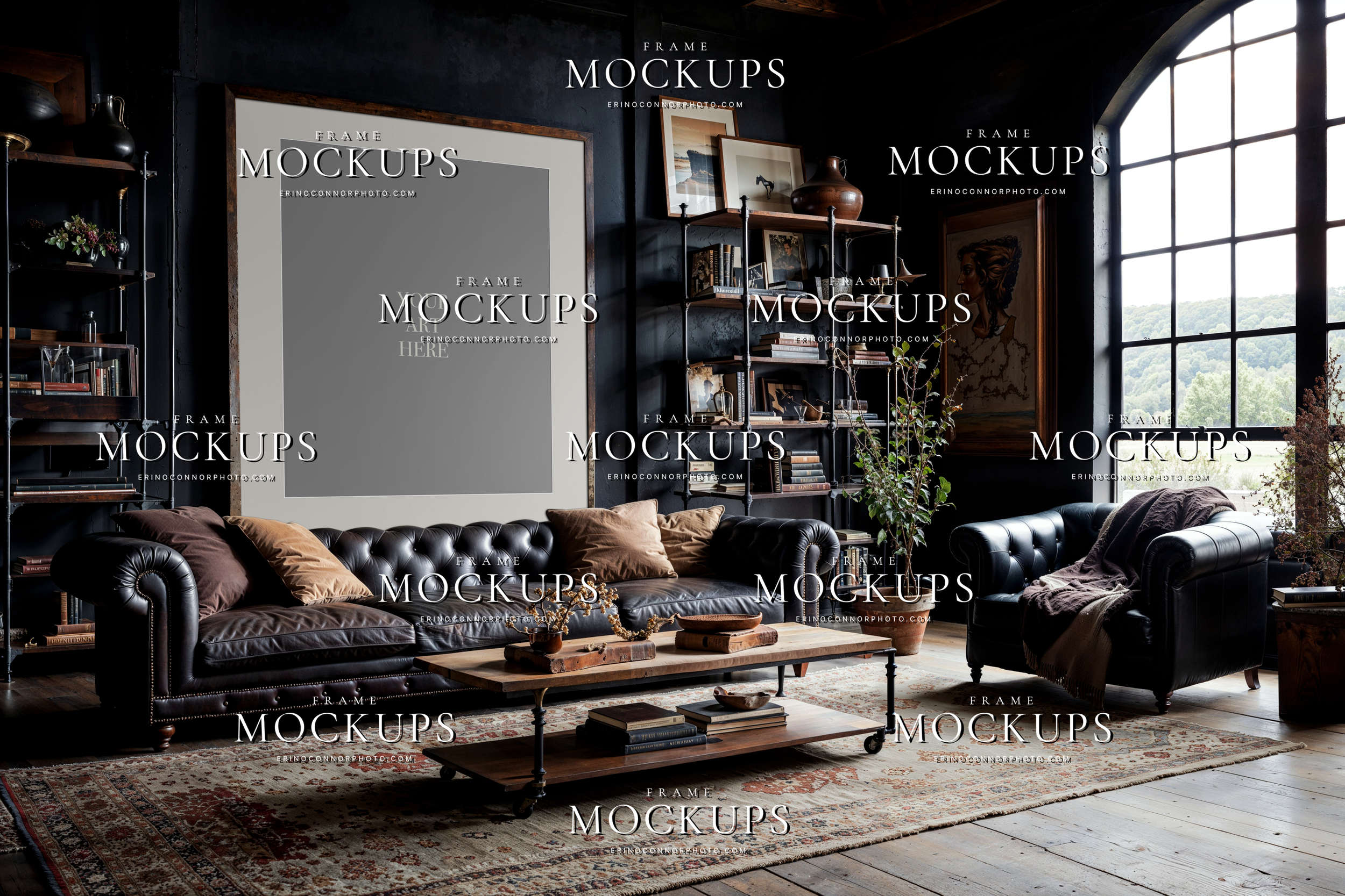 Industrial loft four frame gallery wall mockup with exposed brick, arched factory window, leather seating, and large art display for photographers and artists.