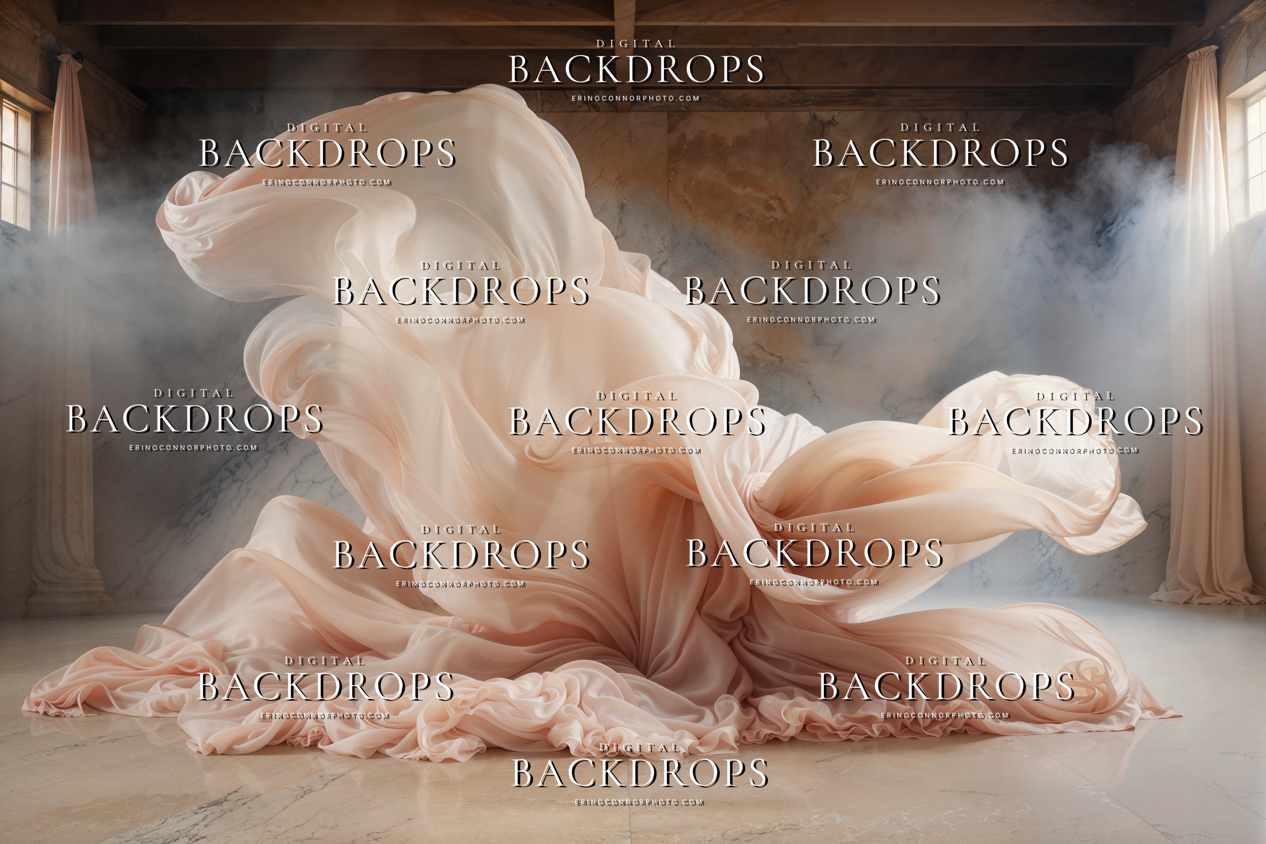 Peach chiffon digital background with a flower like fabric form and soft atmospheric light inside a pale marble hall.