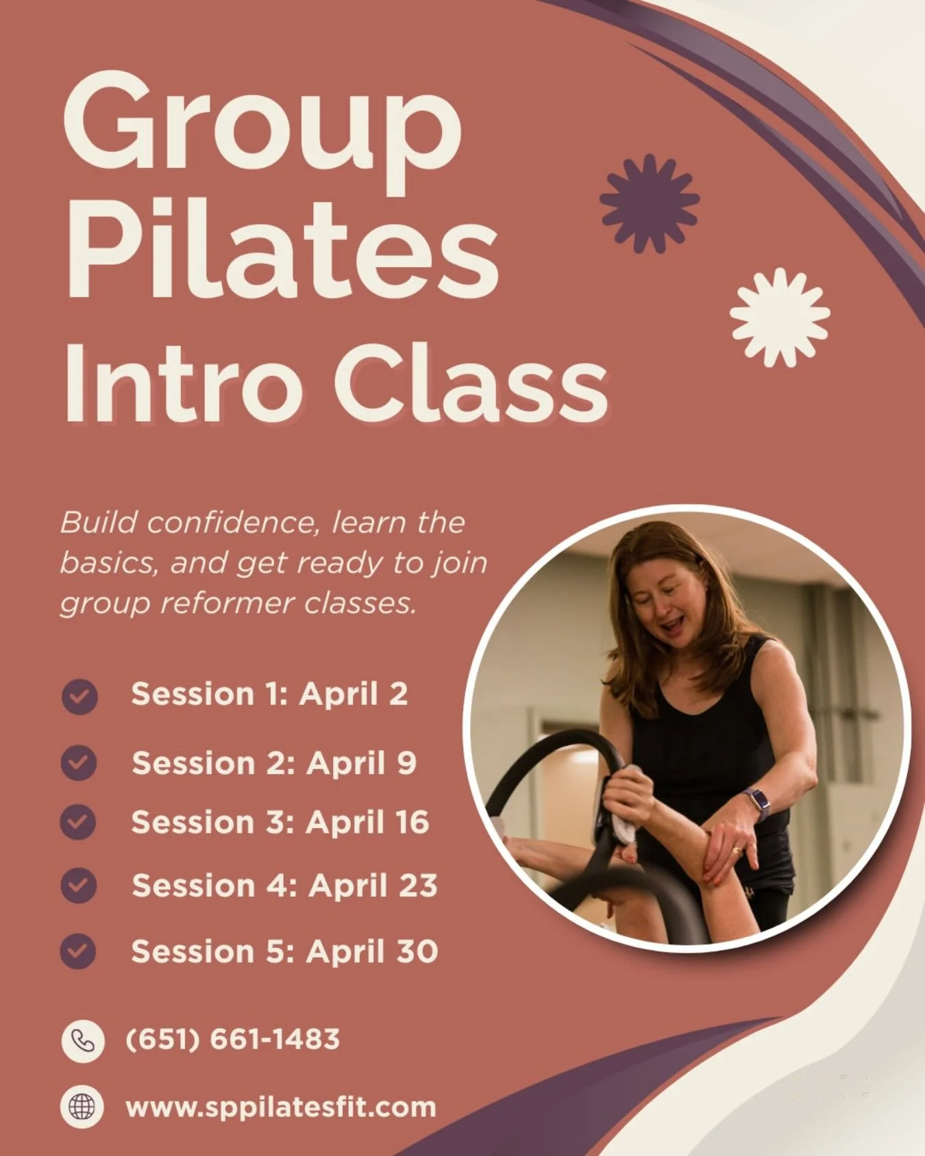 Join us this April🌷for our Group Reformer Pilates Intro Class Series. This 5-session small group experience will get you comfortable with the reformer, teach you the basics, and prepare you for group classes. Sign up using the 🔗 in our bio or email