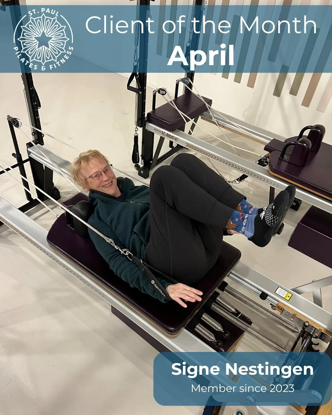 Meet our April #clientofthemonth Signe Nestingen! Her love for Pilates shines through in her commitment, joy, and infectious energy in every class. We're grateful for her presence in our community! 🥳🫶 #stpaulpilates #stpaulfitness