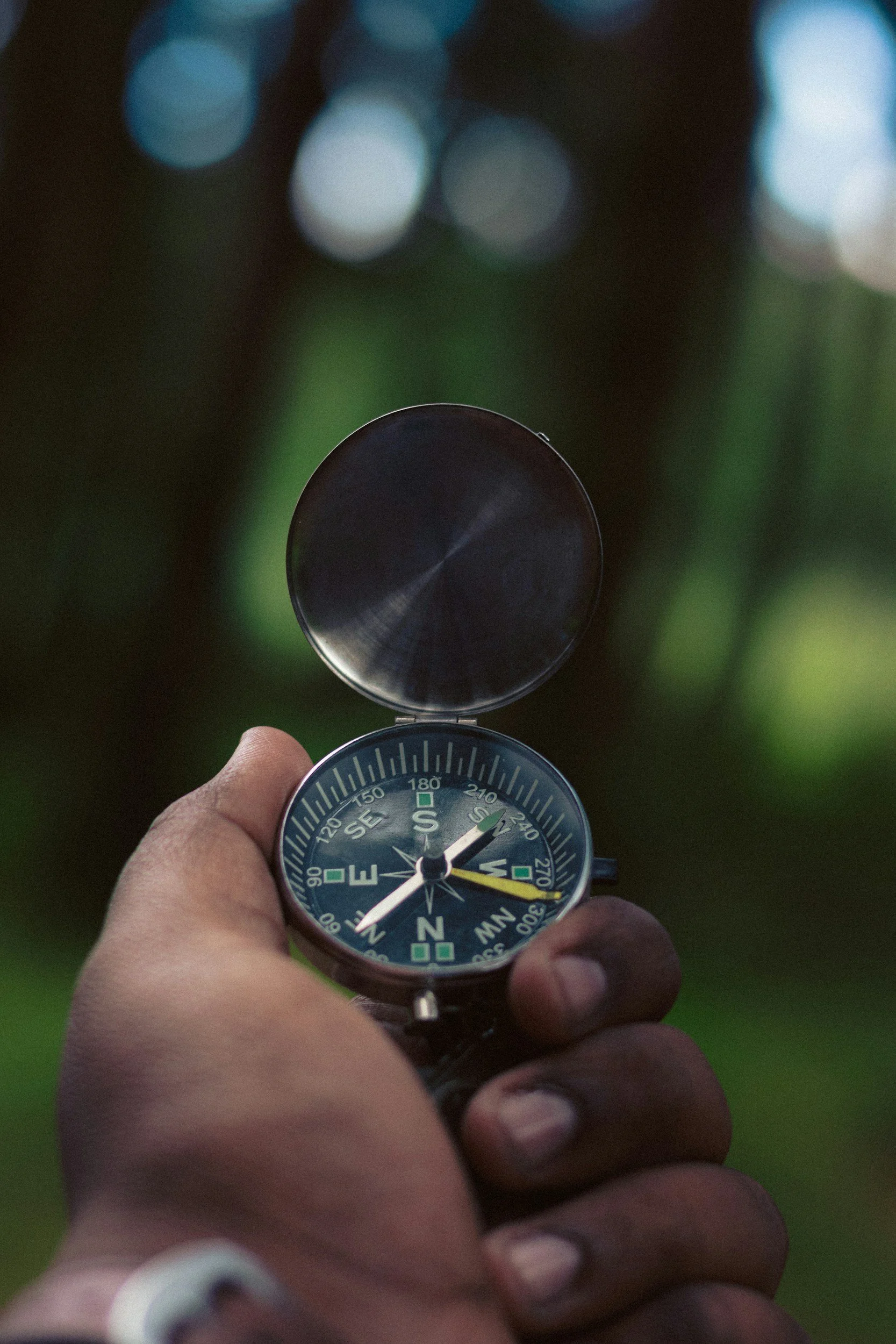 Brown hand holding compass in forest