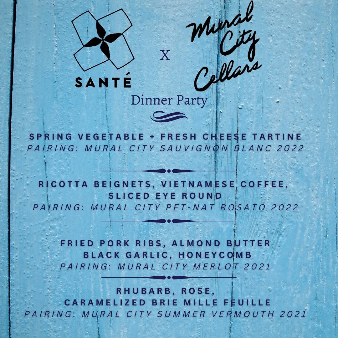 Sant&eacute; x Mural City Wine Dinner! 
&bull;
Join us on Tuesday May 9th @ 7pm in the Italian Market for a four-course Spring menu paired with new releases by Mural City. Exact location TBA, tickets at the link in bio!
&bull;
&bull;
&bull;
#winedinn