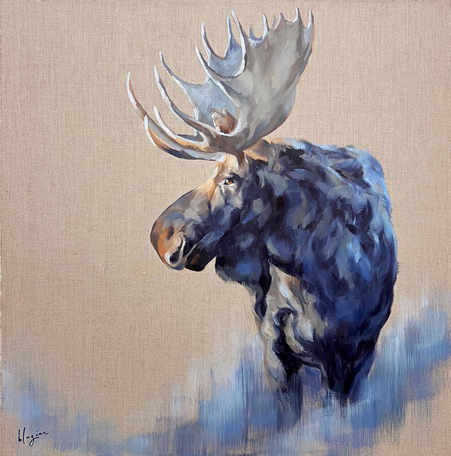 Blue Moose is done! It&rsquo;s the first painting to be checked off the list for my June 29th show in Jackson WY shared with the talented @carriepenleyart.

I grew up with no moose around&hellip; eastern Montana has the occasional moose along the Yel