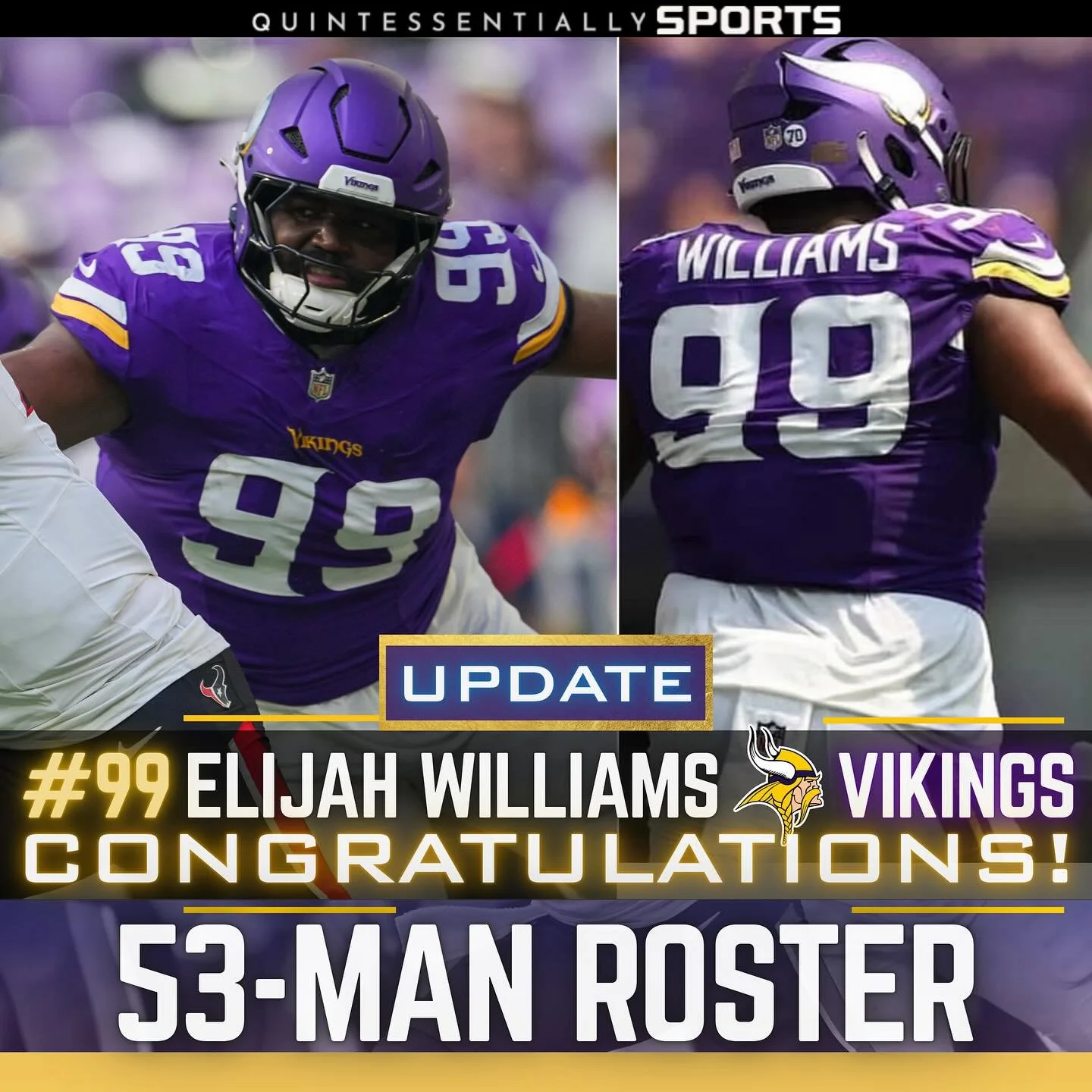 🔥 FROM INVITE TO IMMORTALIZED 🔥

What started as a rookie minicamp tryout&mdash;a shot most never even get&mdash;has turned into a place among the Minnesota Vikings 53-man roster!

Elijah Williams refused to let the odds define him. 💯
Every rep. E