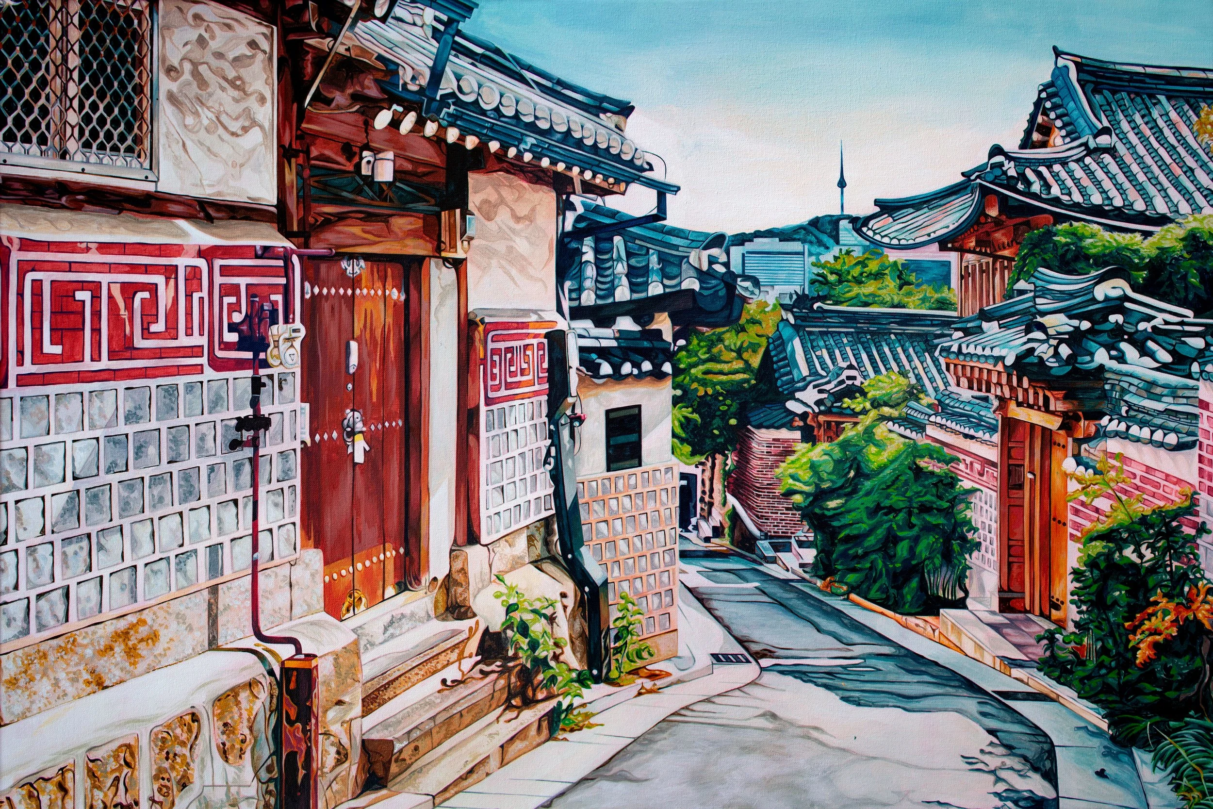 "Bukchon Hanok," Acrylic on Canvas, 24 in x 36 in, 2025