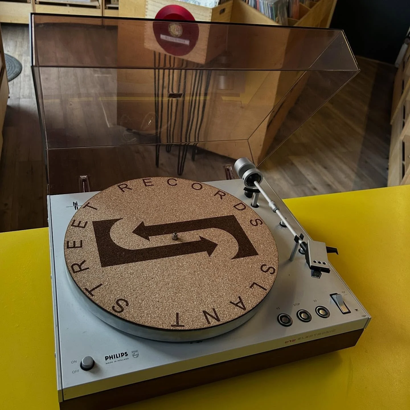 Super clean &amp; cool Philips 212 turntable with sought-after Ortofon VMS MKII cartridge going out at Slant. Classic turntable from the 70s in good condition with nice looks, automatic stop and a killer cartridge with great sound make this one of ou