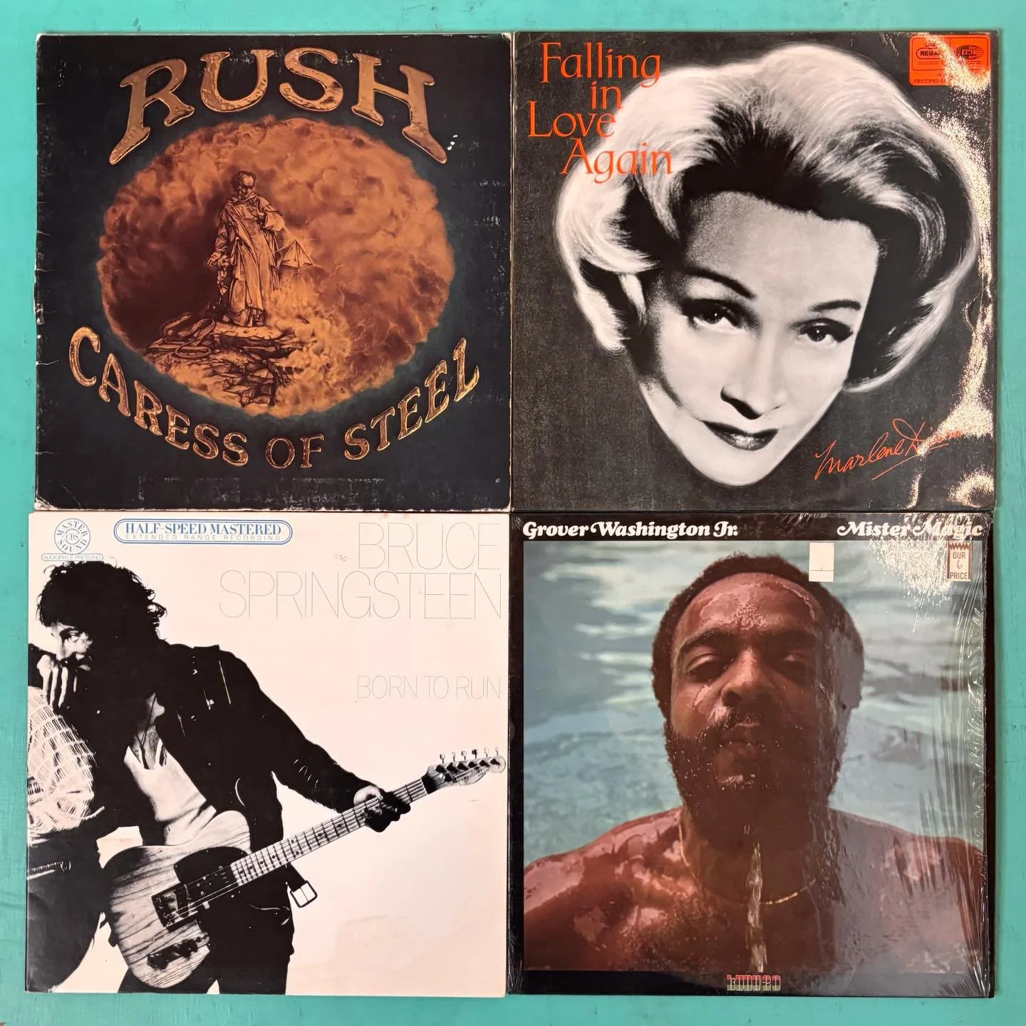 Delightfully random assortment of clean used LPs headed out to the bins.
