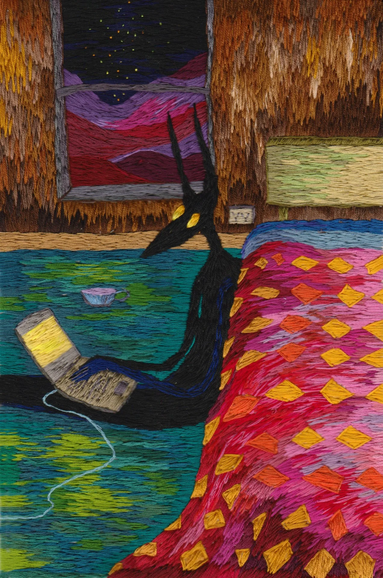 ‘but ghosts haunt the day, don’t they?’ embroidery on calico fabric, 2023