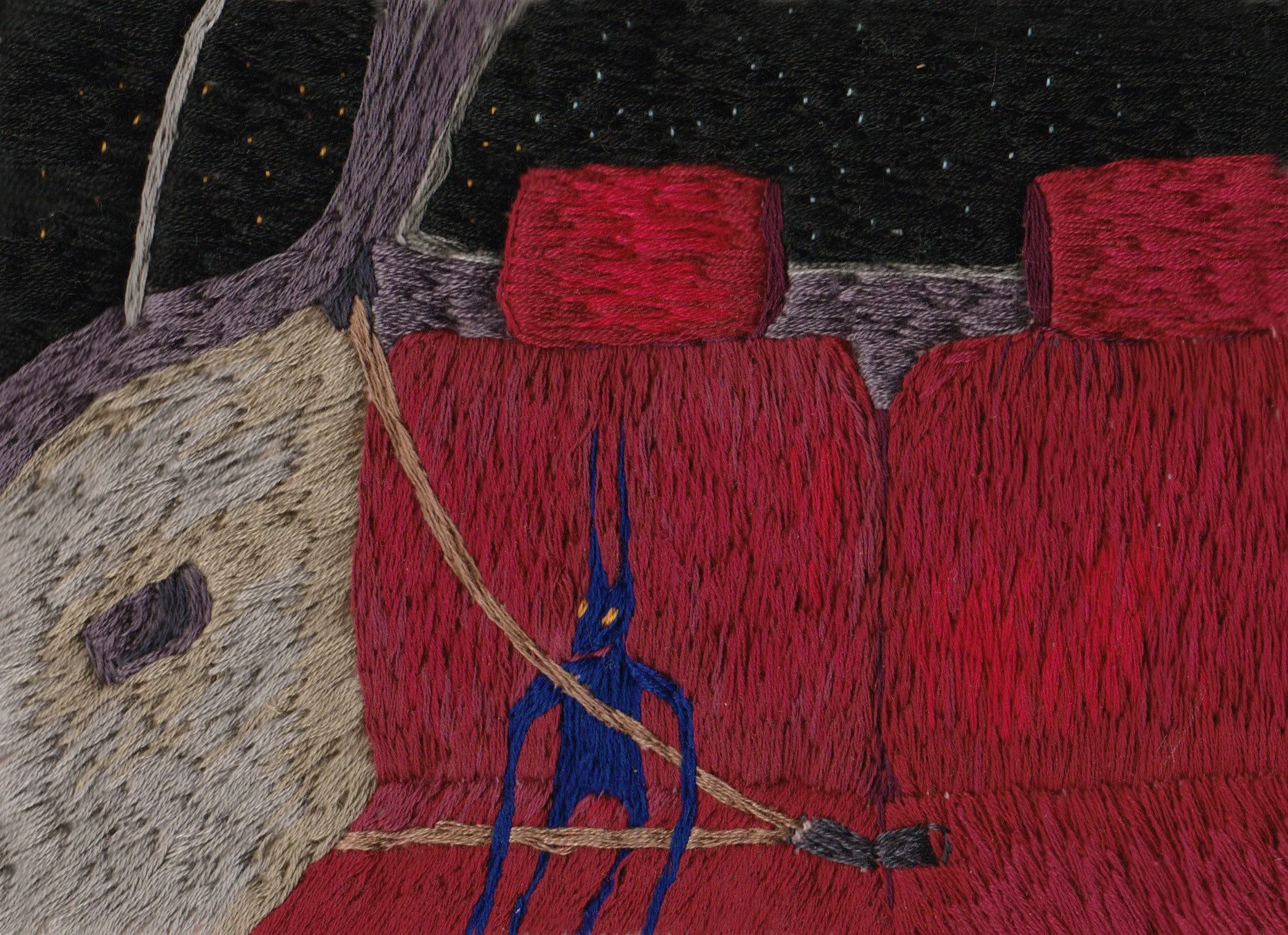 'sleep carving warm under the pelt', embroidery on calico fabric, 2023